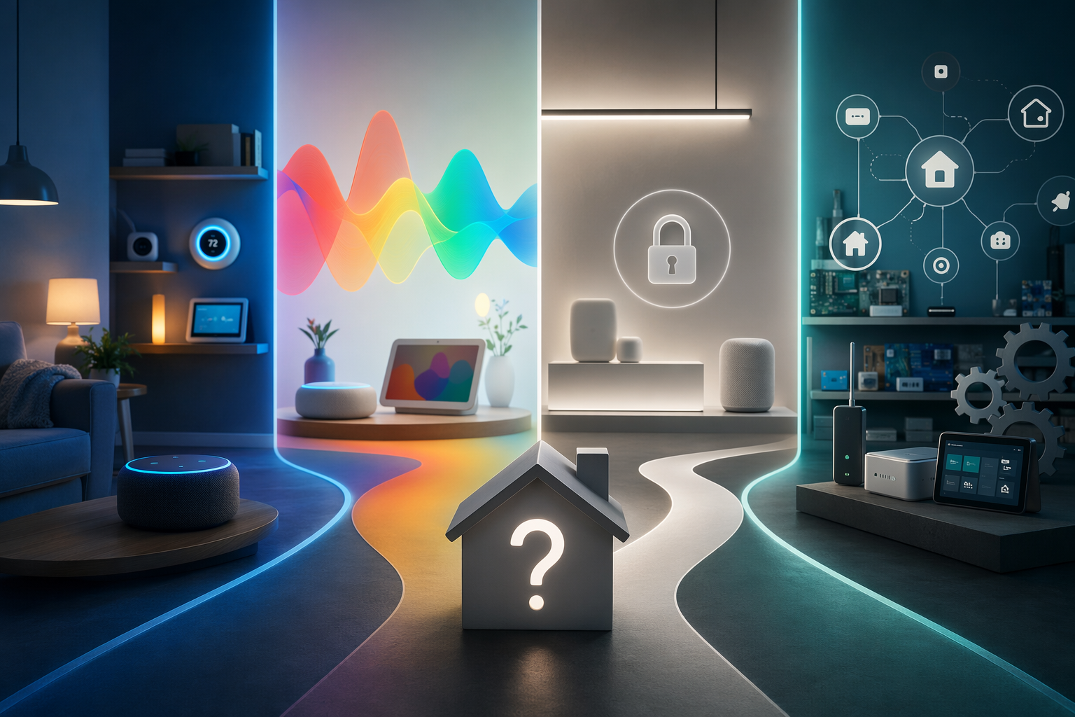 Four smart home ecosystem worlds representing Alexa, Google, Apple HomeKit, and Home Assistant
