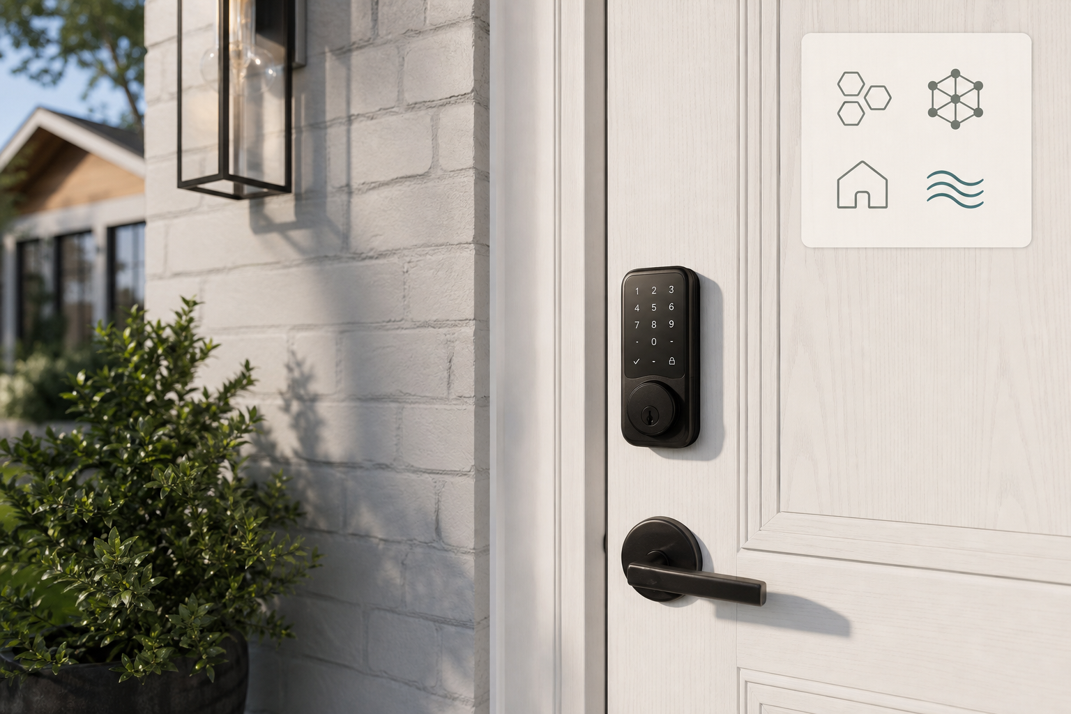 A sleek matte black smart deadbolt with illuminated keypad installed on a clean white residential front door, with abstract protocol and connectivity icons in an inset panel.