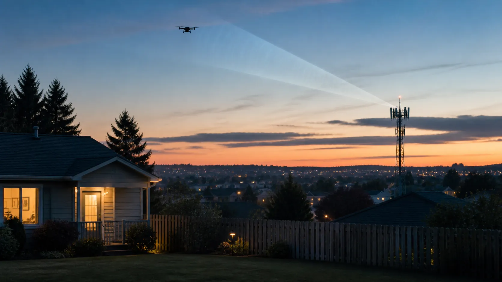 Suburban house with a distant cell tower sensing a tiny drone above nearby rooftops