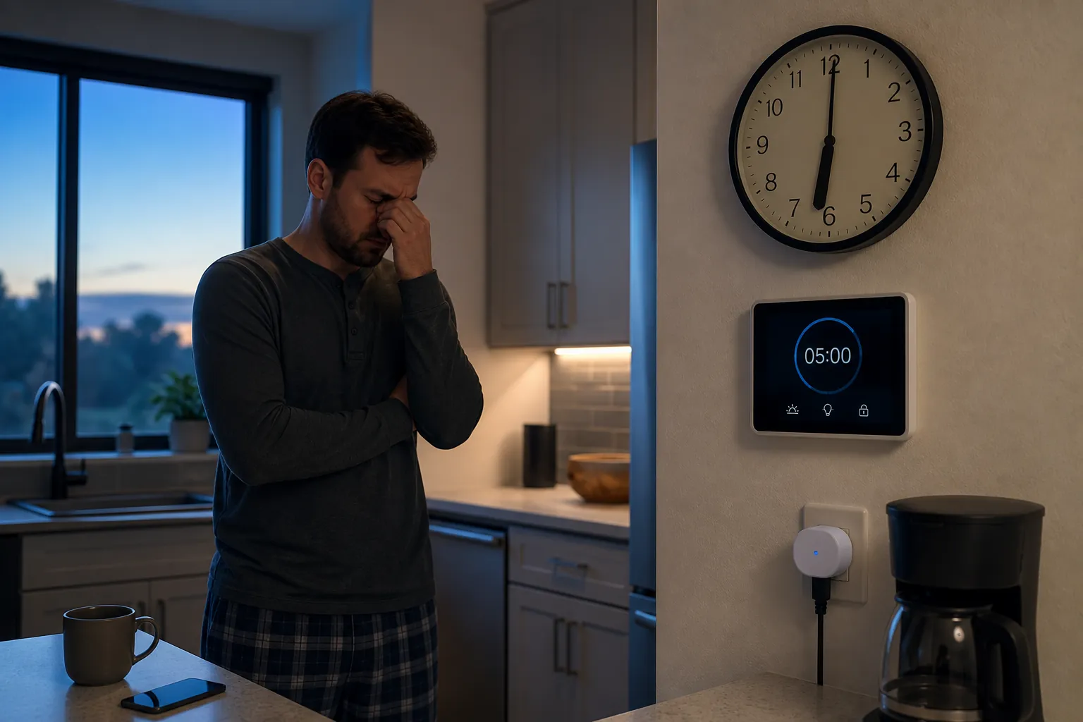Kitchen clock and smart thermostat showing a one-hour mismatch after daylight saving time