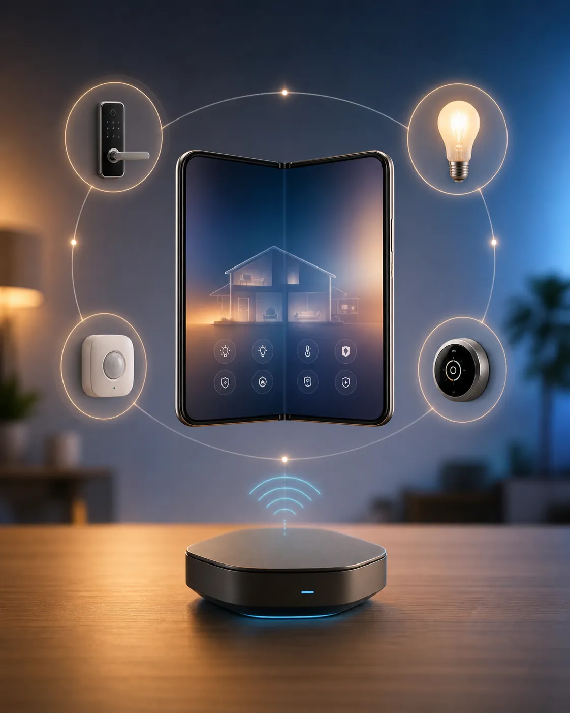 Foldable smartphone above smart home icons with a separate smart home hub underneath