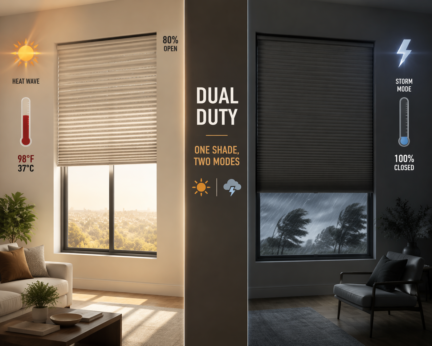 Window split between heat wave blinds at about 80 percent closed and storm shutters fully closed