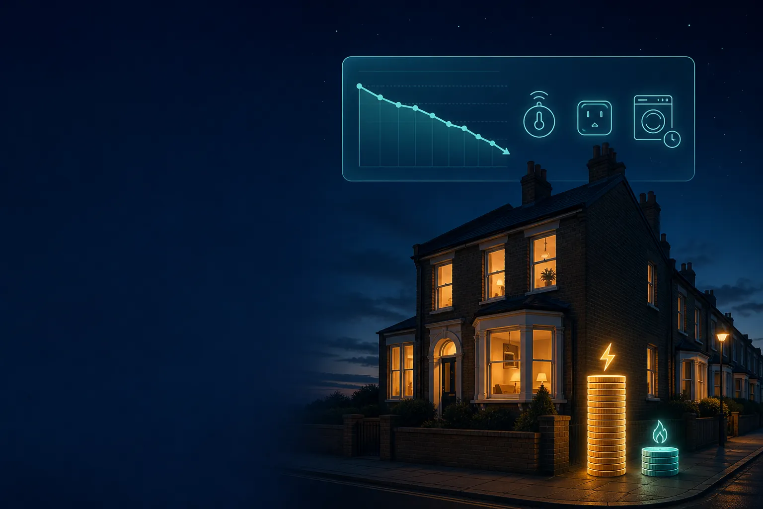 British home with an energy dashboard, smart-home controls and contrasting electricity and gas costs