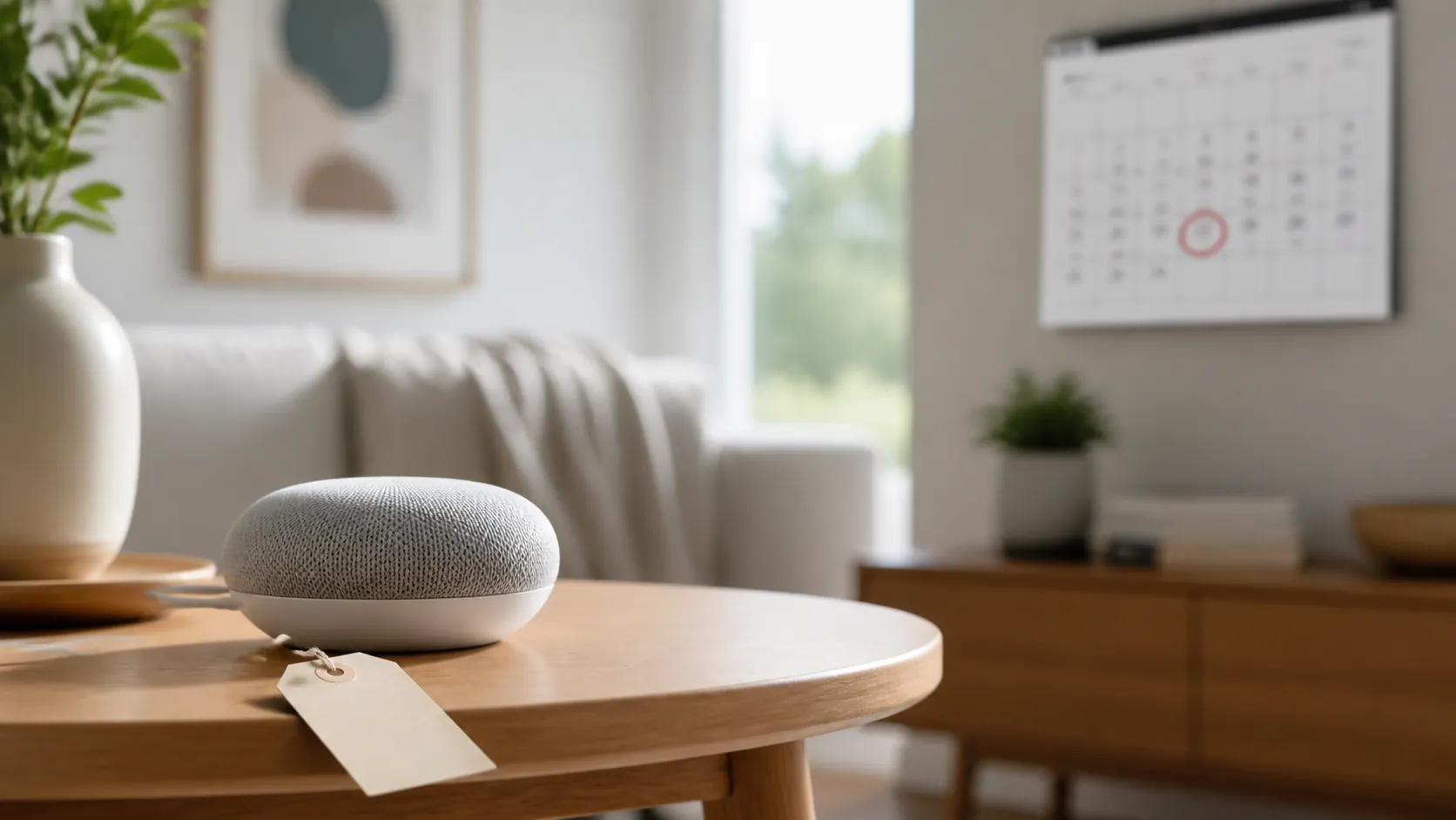 Small smart speaker on a side table with a price tag and calendar in the background