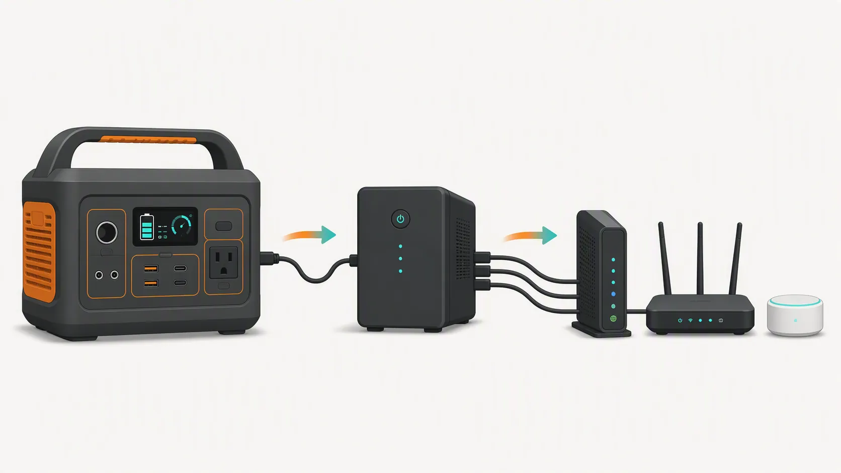 Diagram of a portable power station feeding a small UPS, which powers a modem, router, and smart home hub