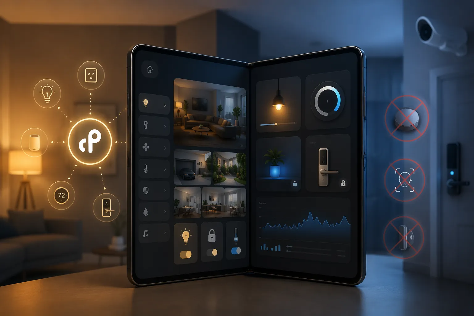 Foldable phone showing Apple Home controls, Thread connectivity, and crossed-out MagSafe, Face ID, and Action Button icons