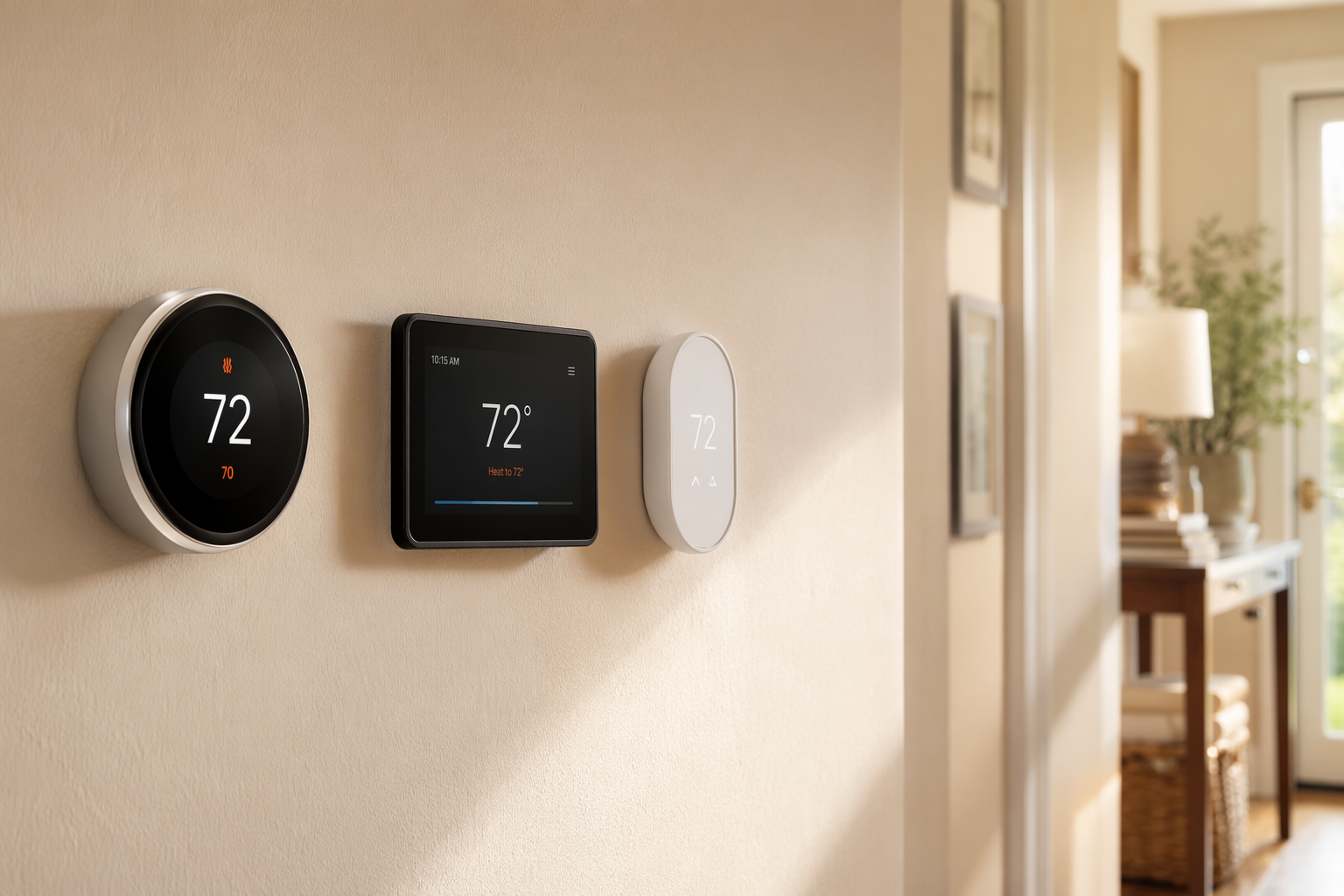 Three smart thermostat designs mounted on a warm-toned hallway wall