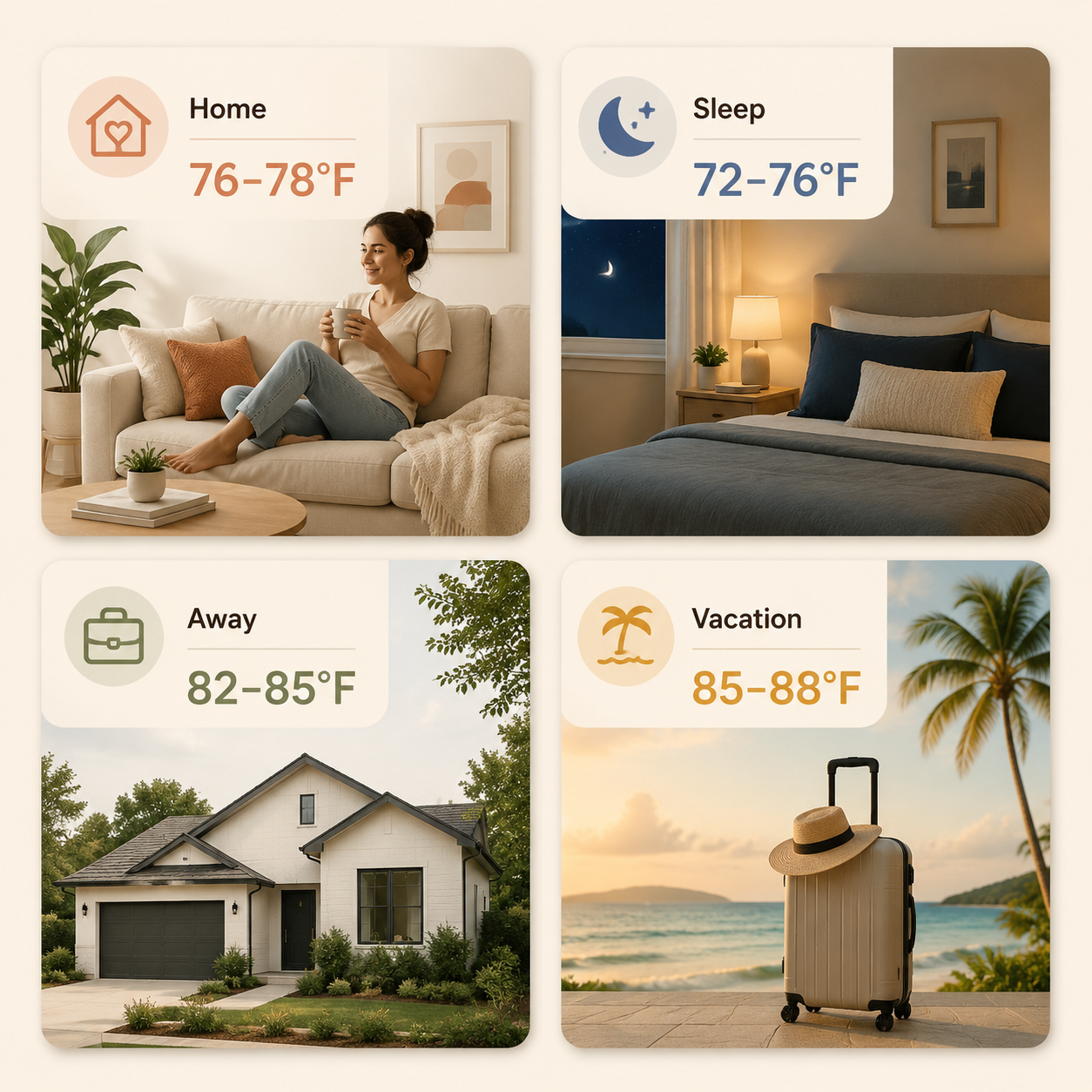 Four summer smart thermostat setting ranges for home, sleep, away, and vacation