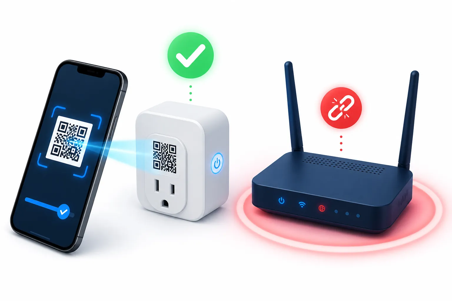 Smartphone scanning a Matter QR code while the Wi-Fi router shows a warning