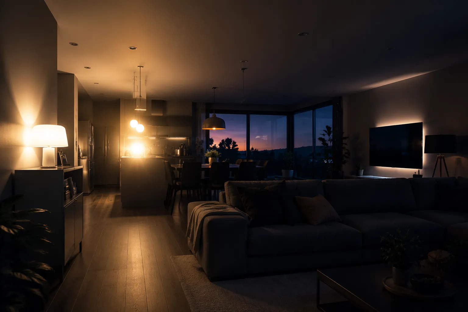 Modern living room at night with some smart lights glaring after power restoration and a calmer staged recovery glow on the other side