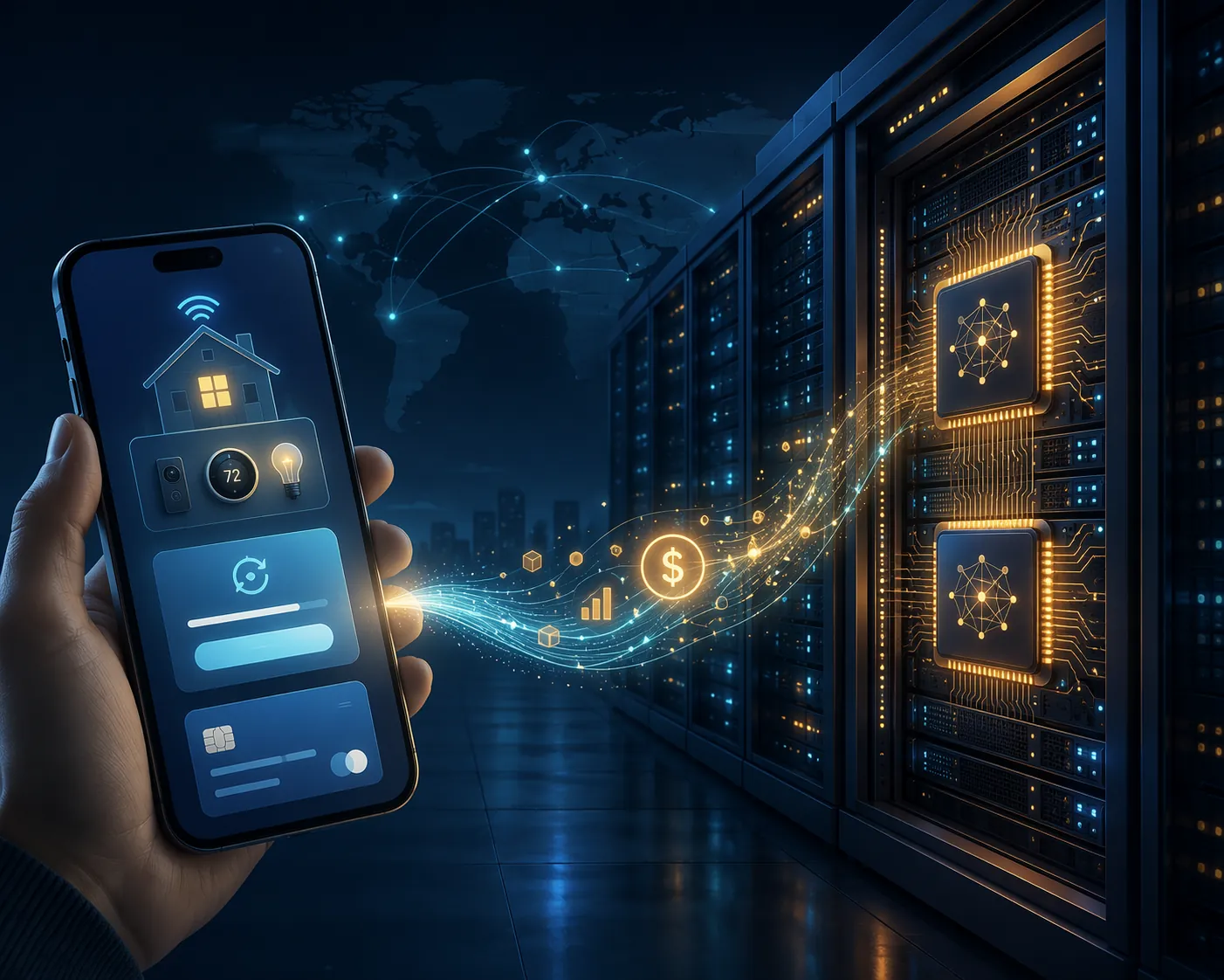 Smart home subscription prices connected to a data center server rack with AI chips