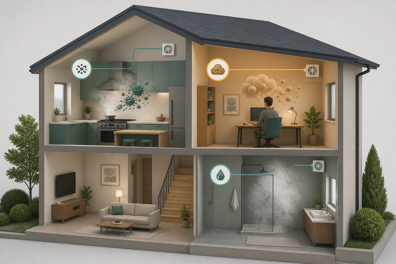 Home cutaway showing kitchen particles, office stale air, and bathroom shower humidity connected to fans and vents