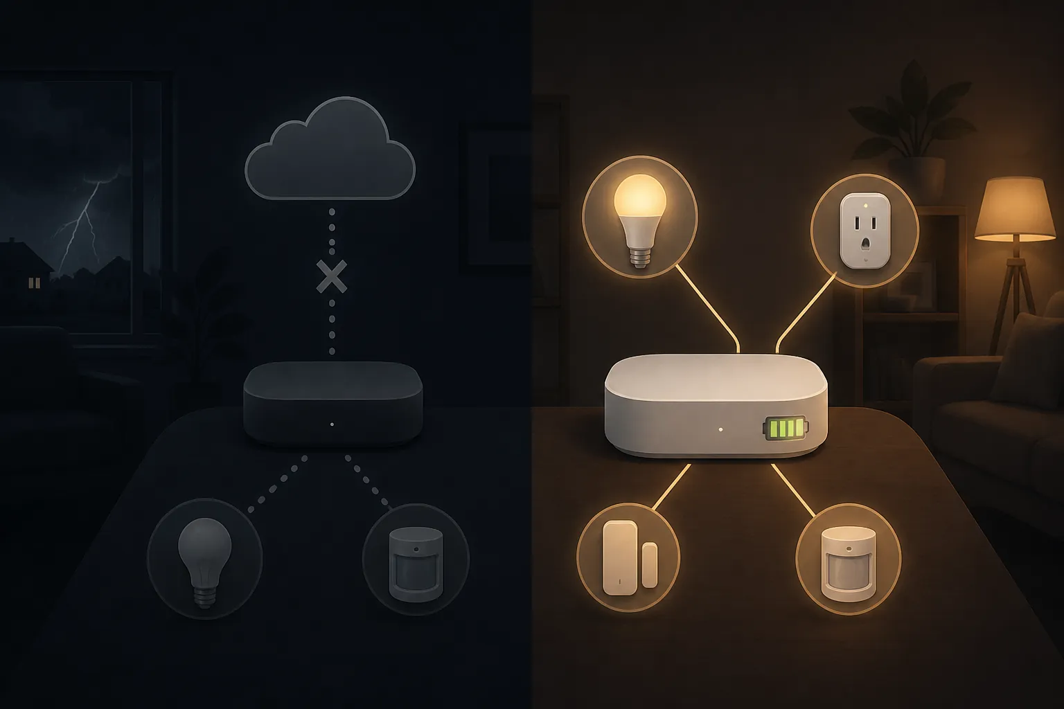 A split illustration comparing a cloud-dependent hub losing connection during an outage with a local-protocol hub on backup power keeping devices connected