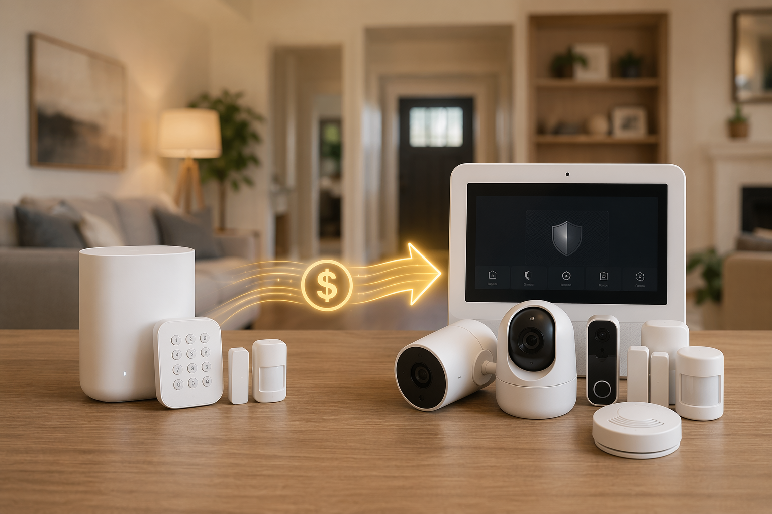 Basic security equipment flowing toward a larger advanced system to suggest an upgrade credit