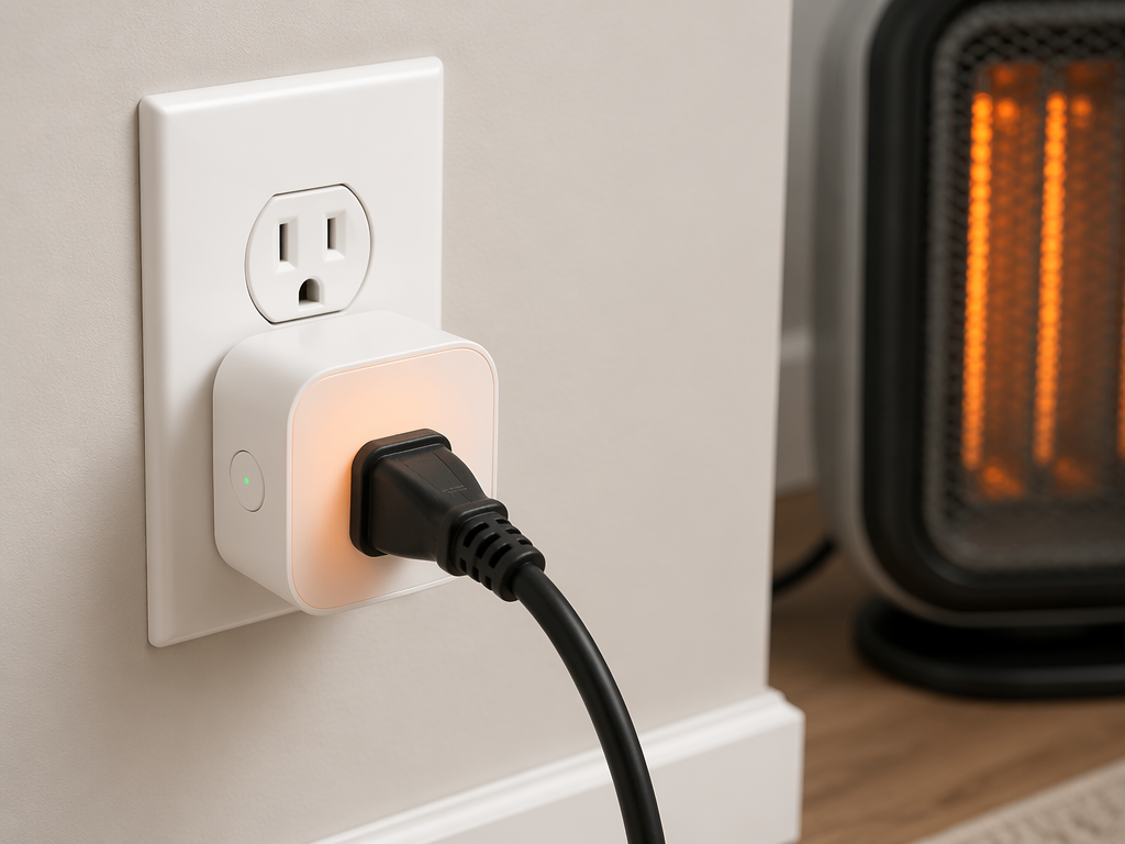 Smart plug powering a space-heater cord with visible suggestion of heat buildup