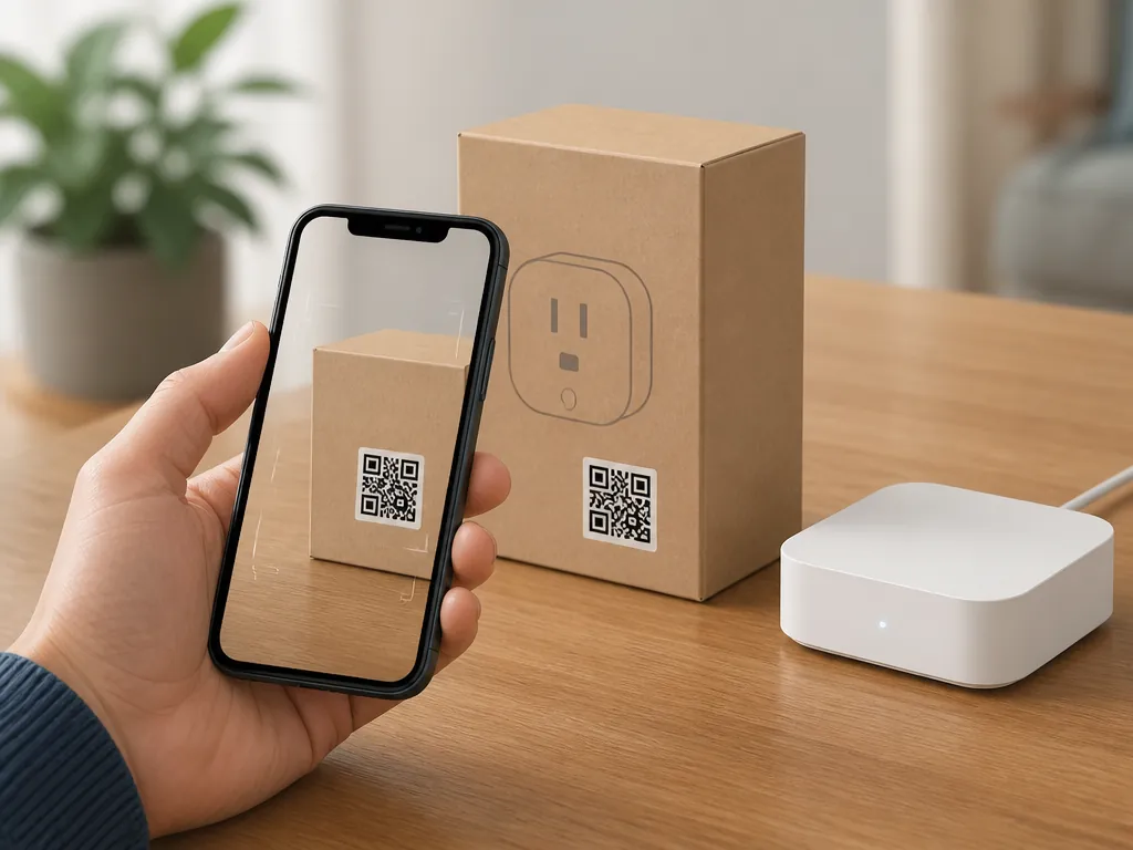 A phone scanning a QR-style code on a smart plug box while a small hub sits nearby