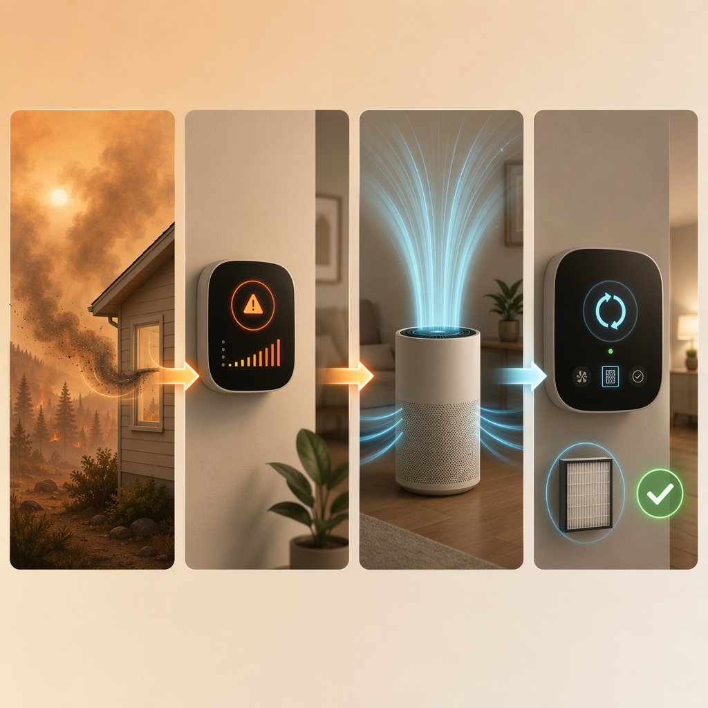 Four-panel automation sequence showing outdoor smoke, an air quality monitor alert, a smart purifier ramping up, and a thermostat in recirculation mode