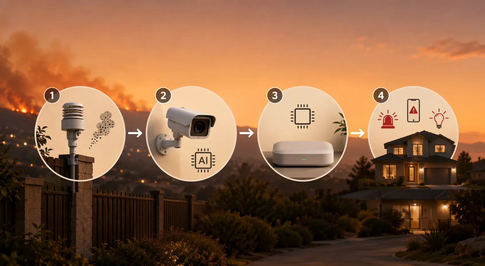 Workflow diagram showing an outdoor PM2.5 sensor, AI camera, local smart home hub, and home alerts connected in sequence