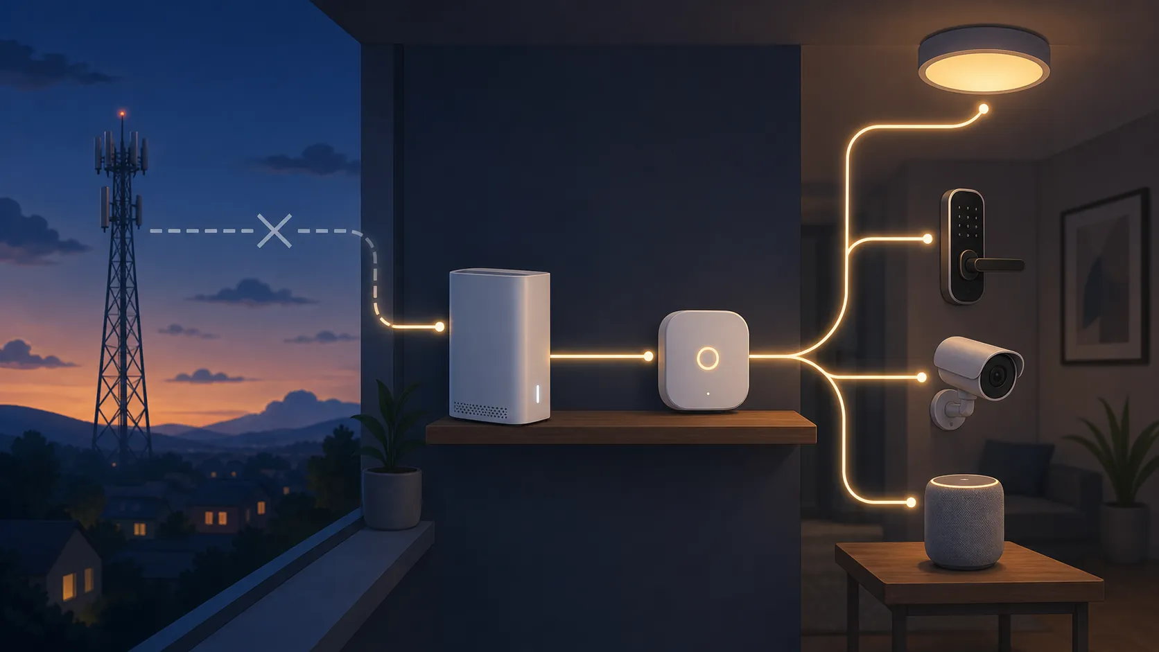 A home connectivity chain from a cell tower to a 5G gateway, smart-home hub, light, lock, camera, and speaker, with the tower-side link broken