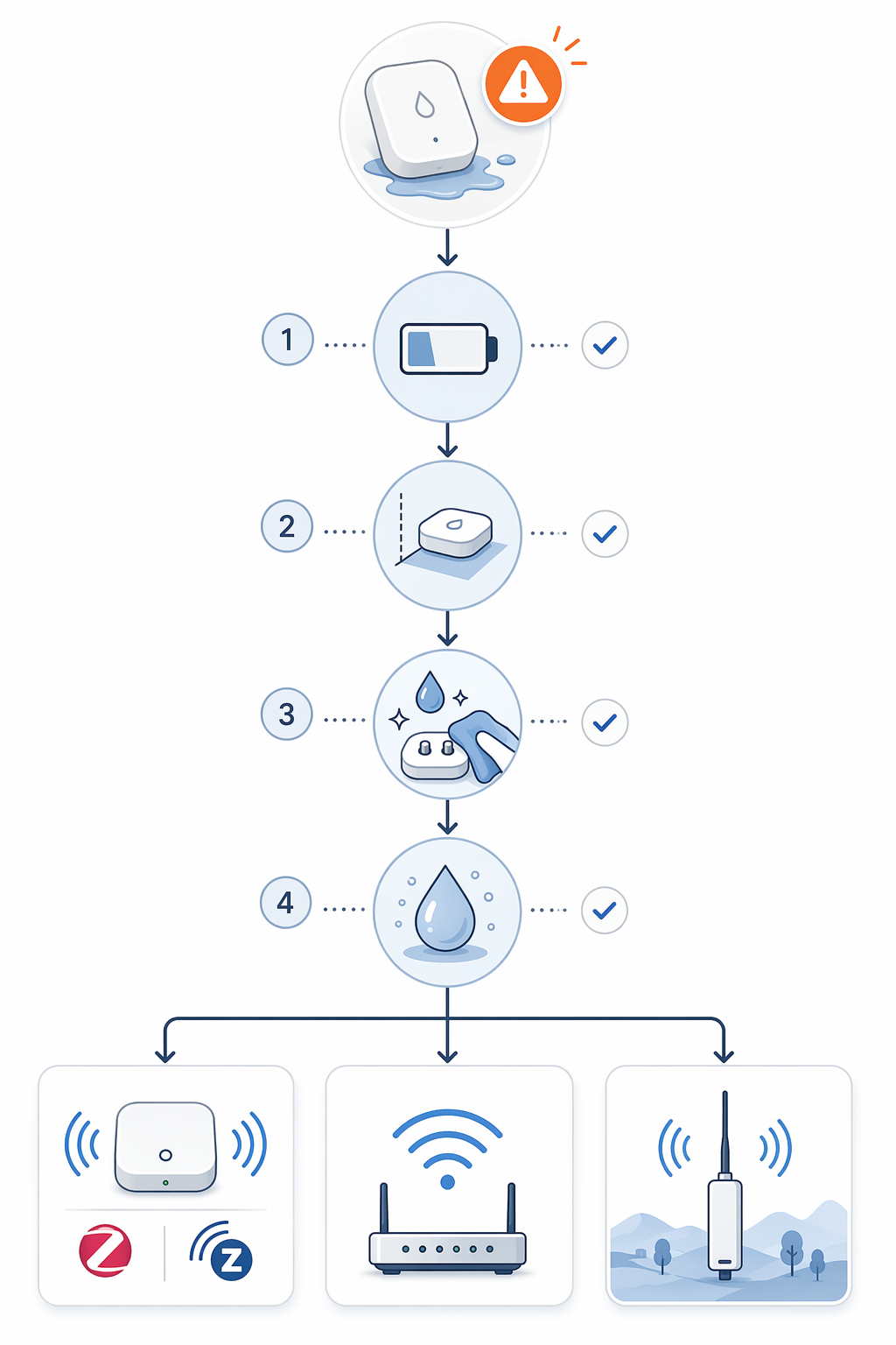 A clean flowchart showing battery, placement, contamination, and condensation checkpoints with protocol-specific branches below.