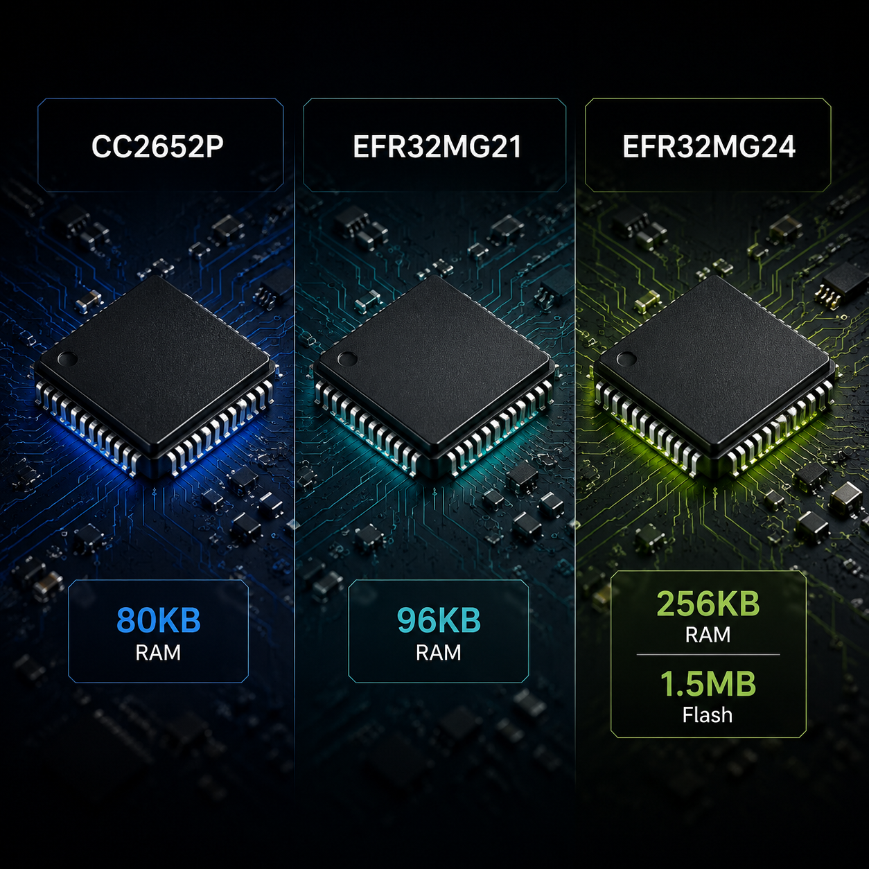 Comparison of CC2652P, EFR32MG21, and EFR32MG24 chip memory specifications