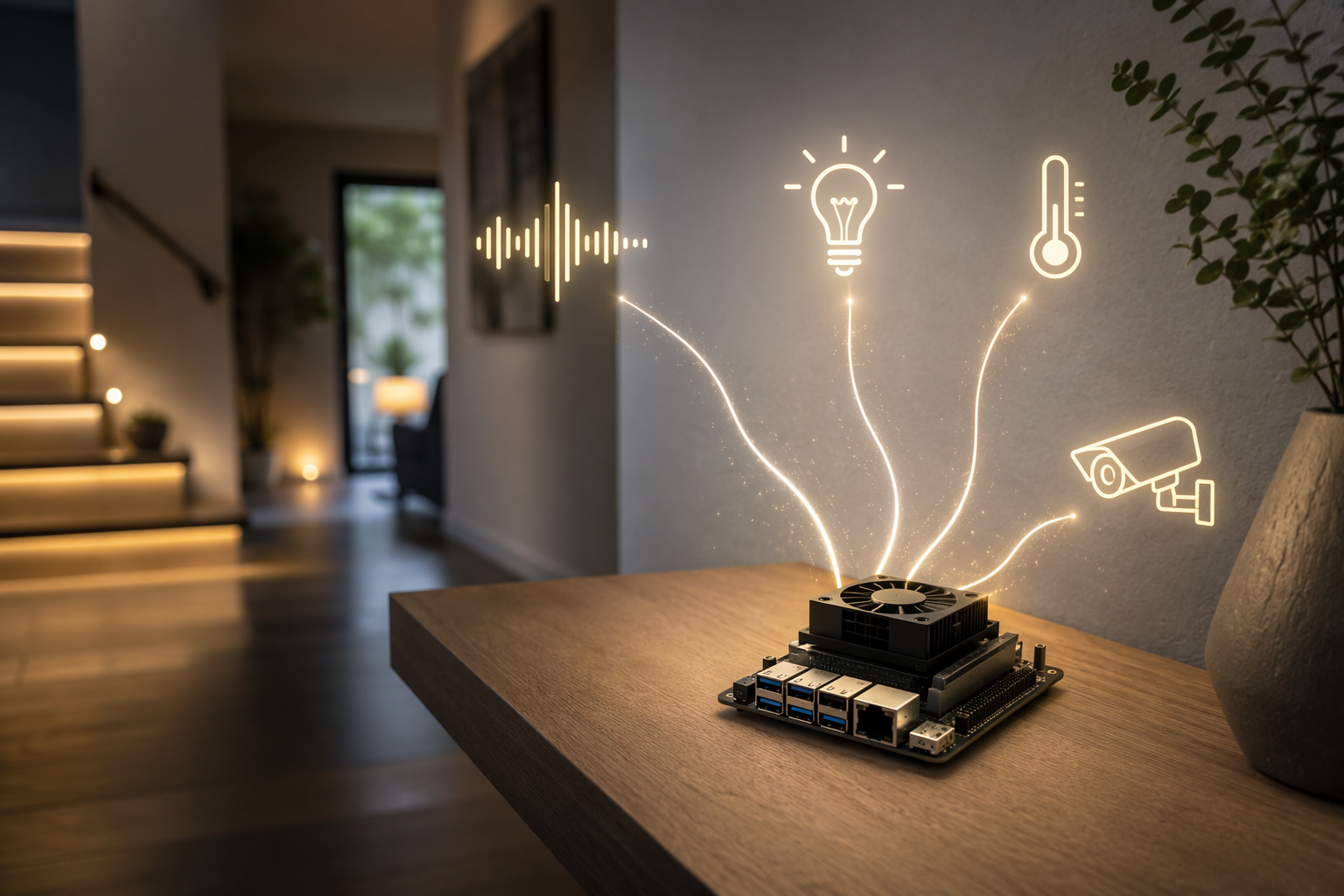 Jetson Orin Nano Super developer kit processing local smart home AI in a hallway