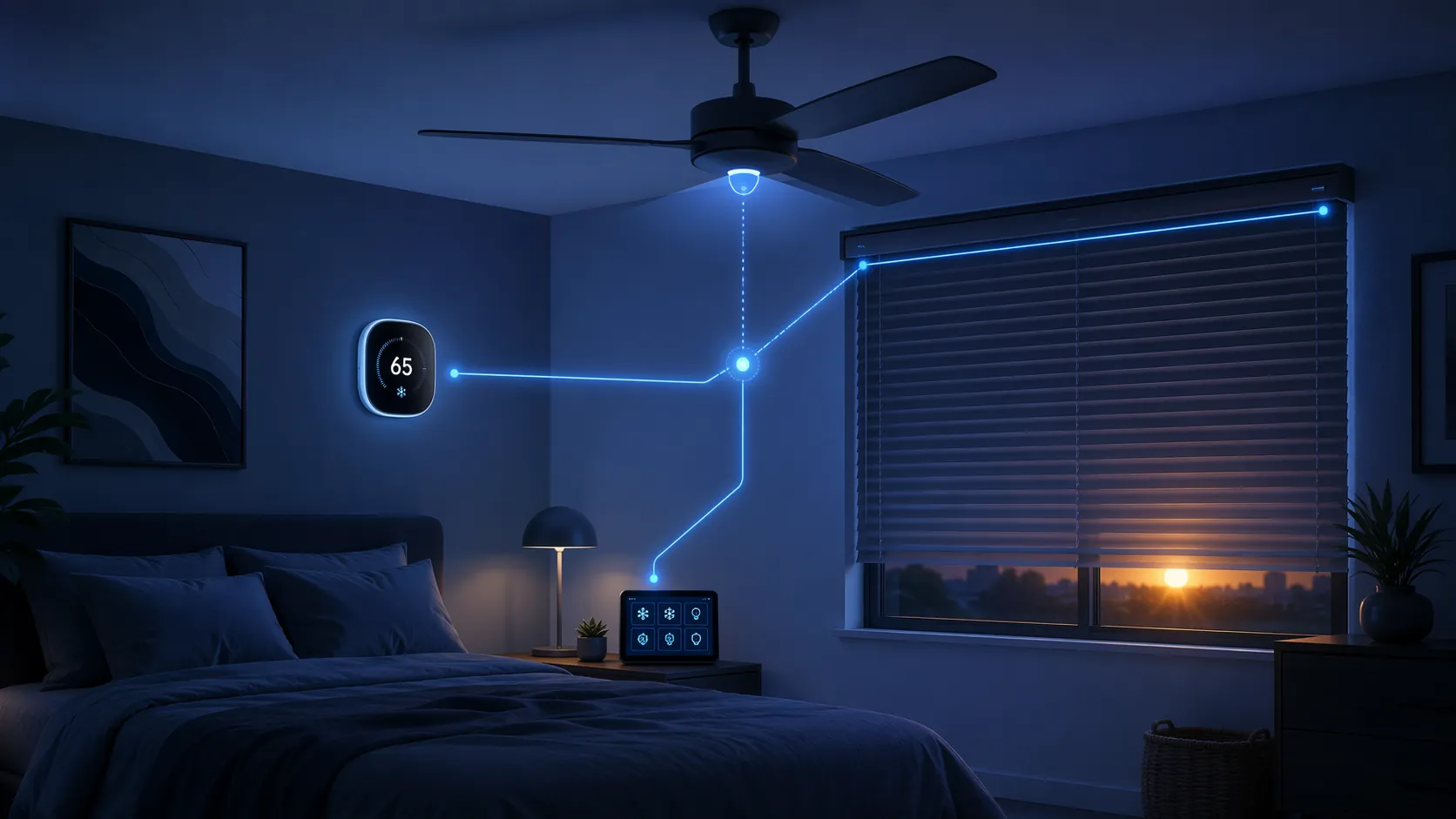 Dim bedroom with smart thermostat, ceiling fan, closed motorized blinds, and Home Assistant dashboard coordinating cooling devices