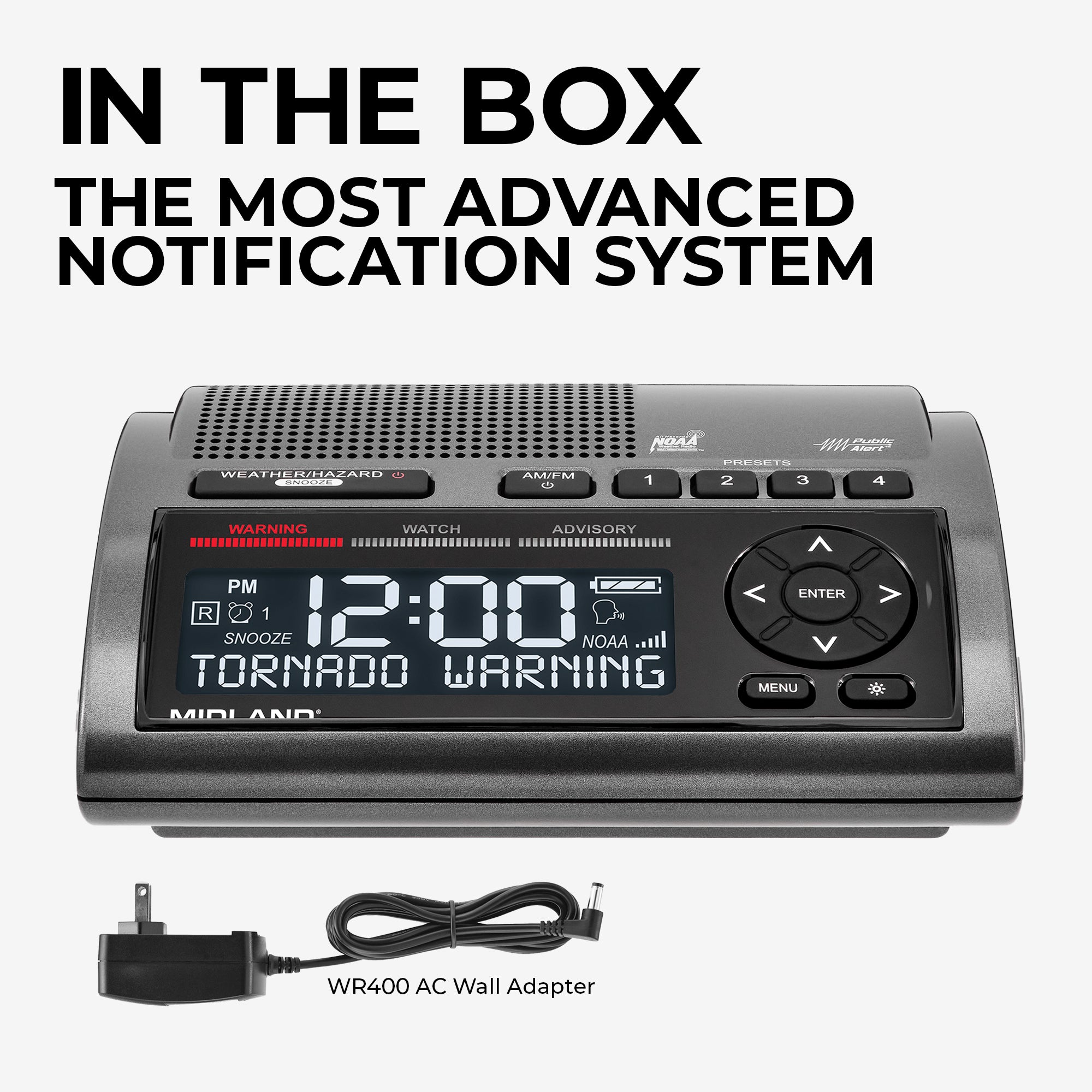 Midland WR400 Deluxe NOAA Weather Alert Radio with antenna and front controls