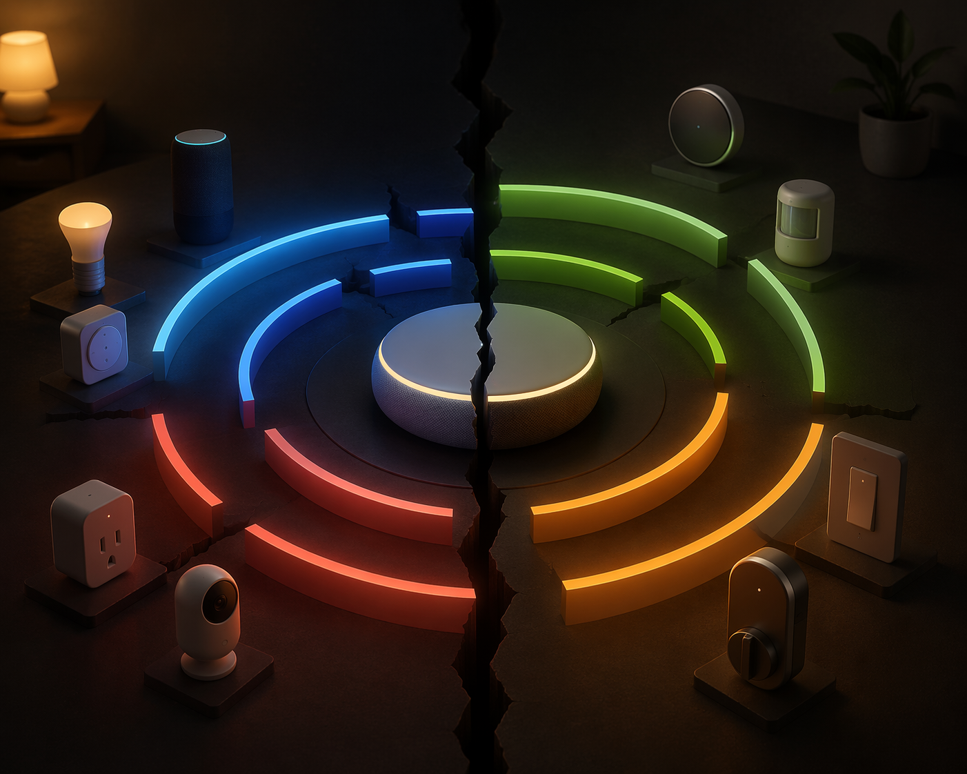Central smart home hub surrounded by fragmented colored rings and a divided gap