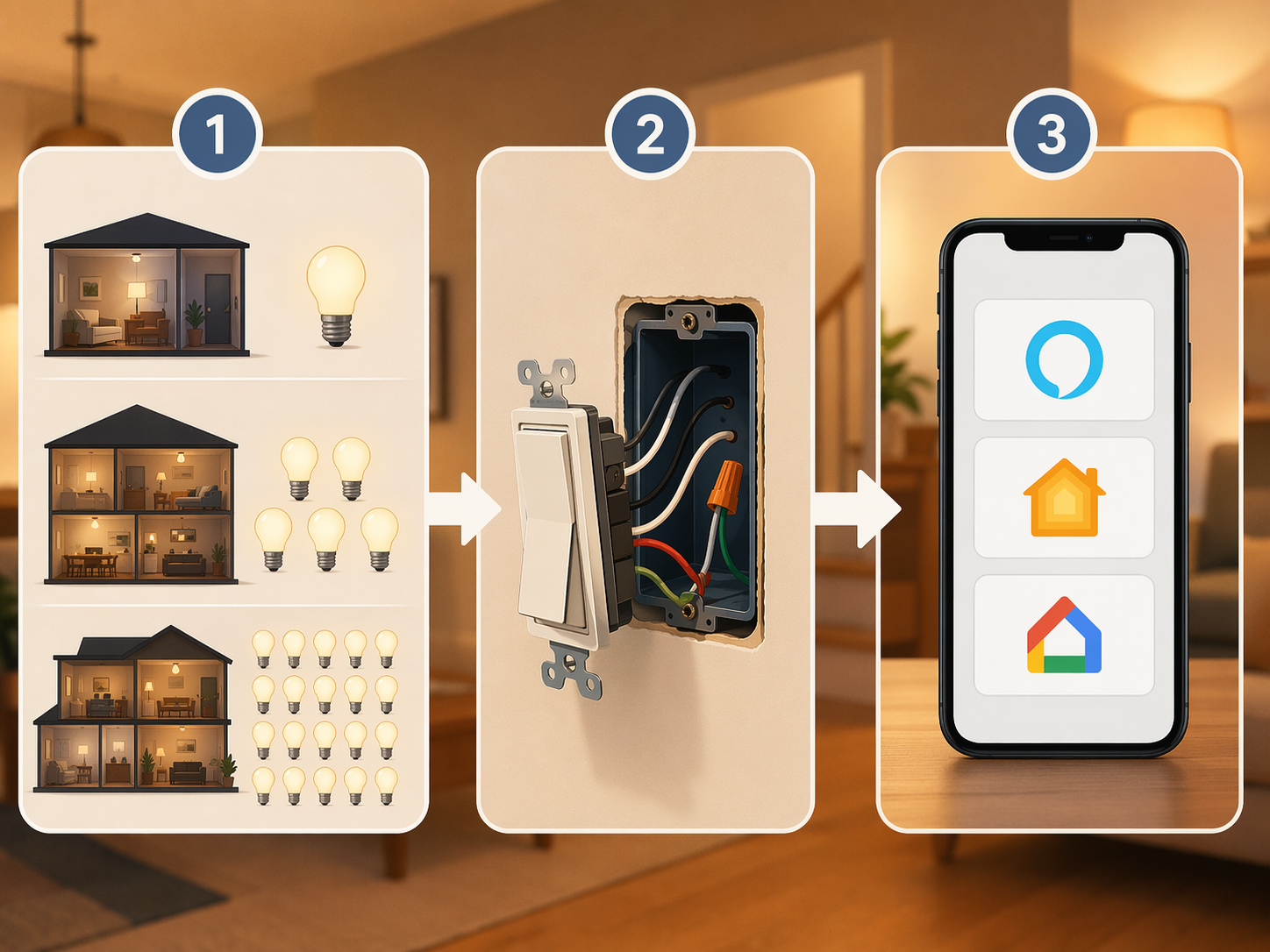 Three-step smart lighting workflow showing bulb count, switch wiring, and smart-home platform choice