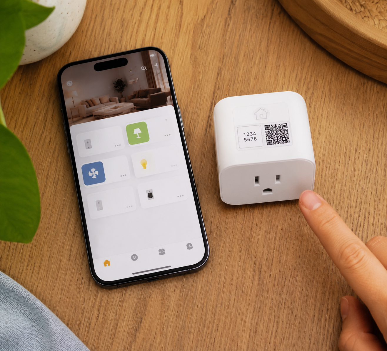 iPhone with the Apple Home app beside a smart plug showing an 8-digit HomeKit code and QR code