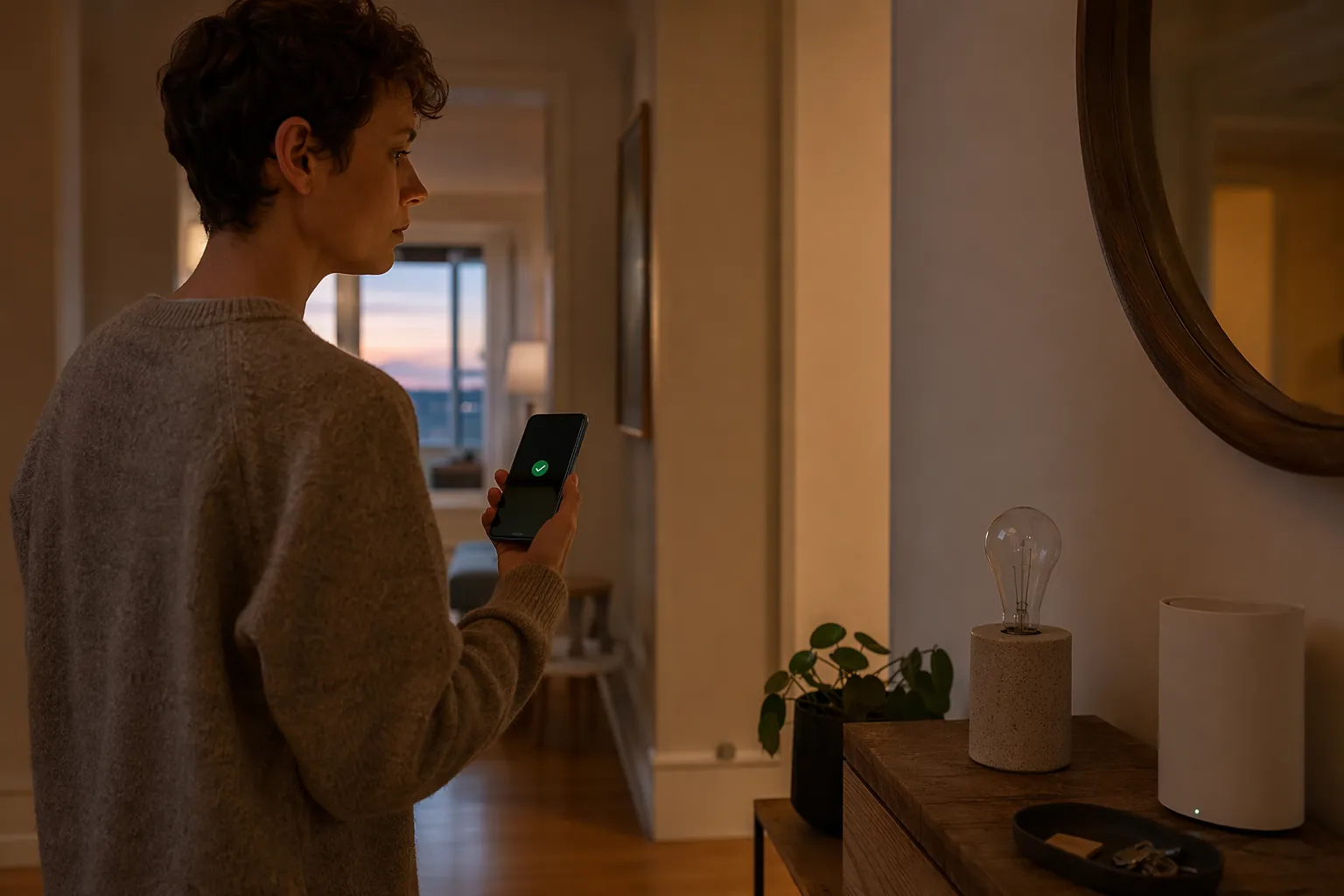 A person in a dim hallway checking a phone while a smart bulb stays off and a router glows in the background