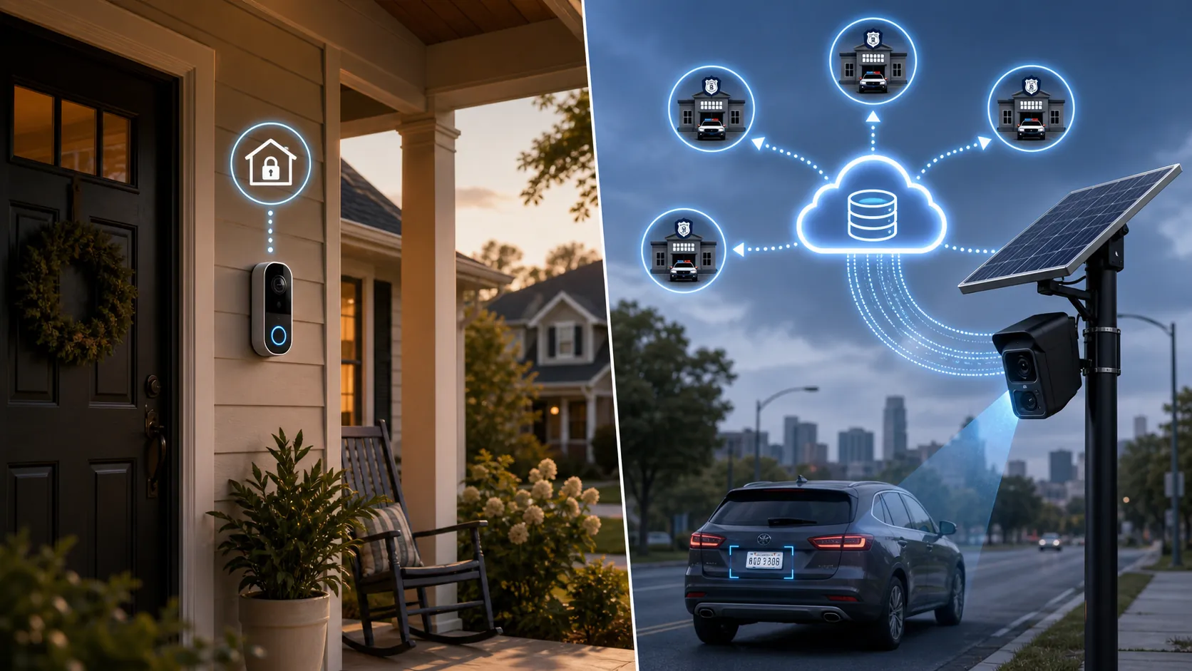 Illustration comparing a porch security camera with a street-mounted Flock ALPR camera connected to a shared cloud database
