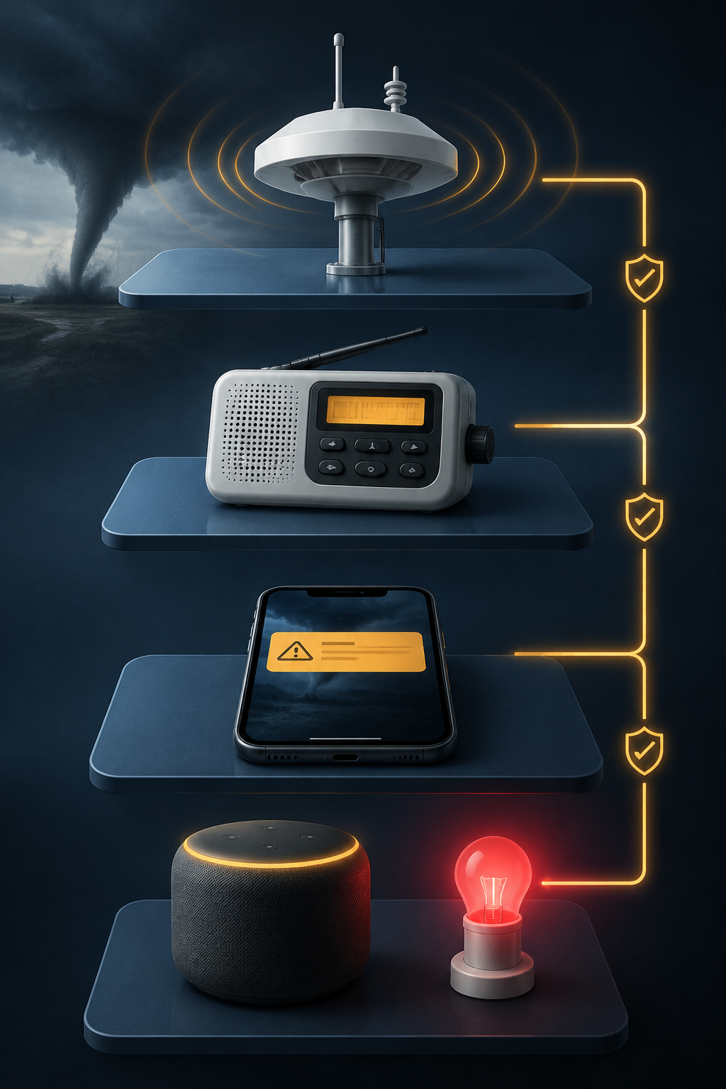 Four tornado alert layers showing a standalone detector, SAME NOAA weather radio, smartphone warning, and smart speaker with flashing smart light