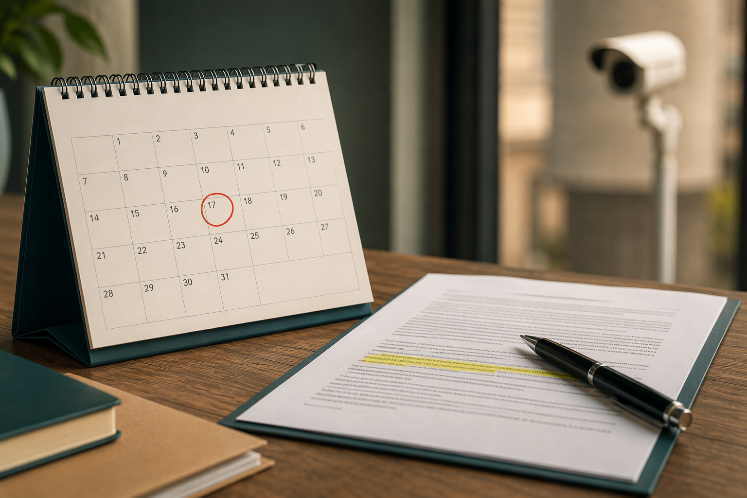 Calendar with a circled date beside a highlighted contract clause and a security camera in the background