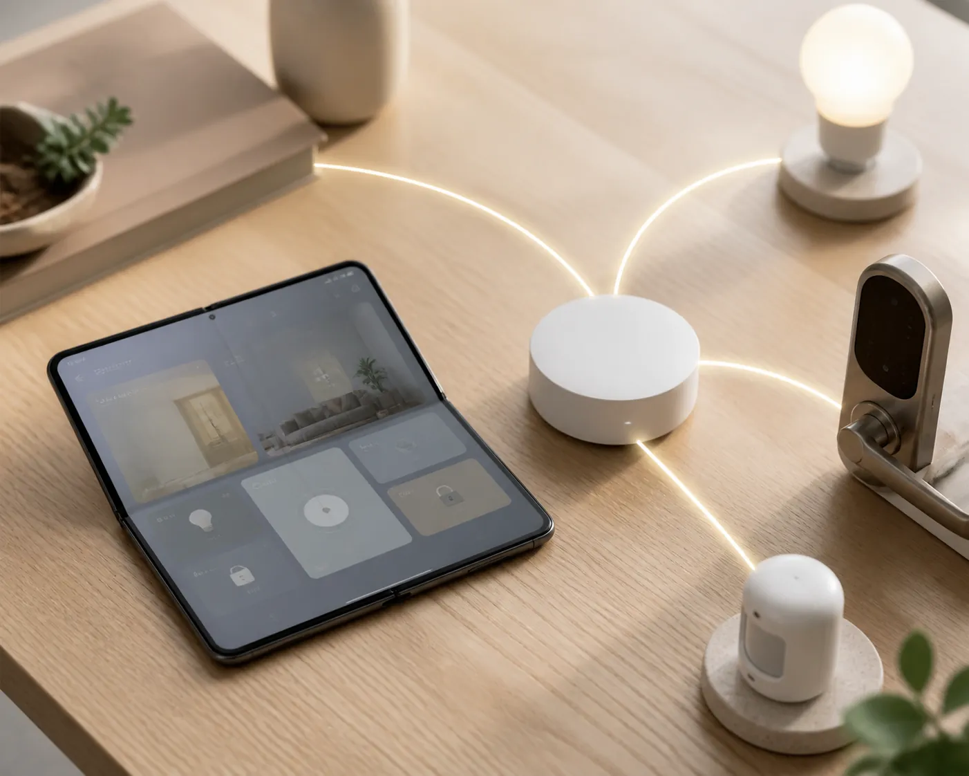 Foldable smartphone used as a smart home controller beside a compact hub connected to lights, lock, and sensor