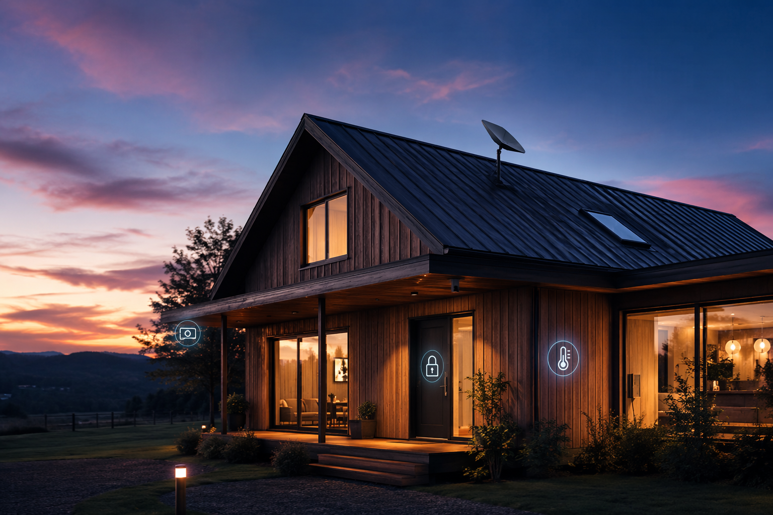Starlink satellite dish on a rural smart home at twilight