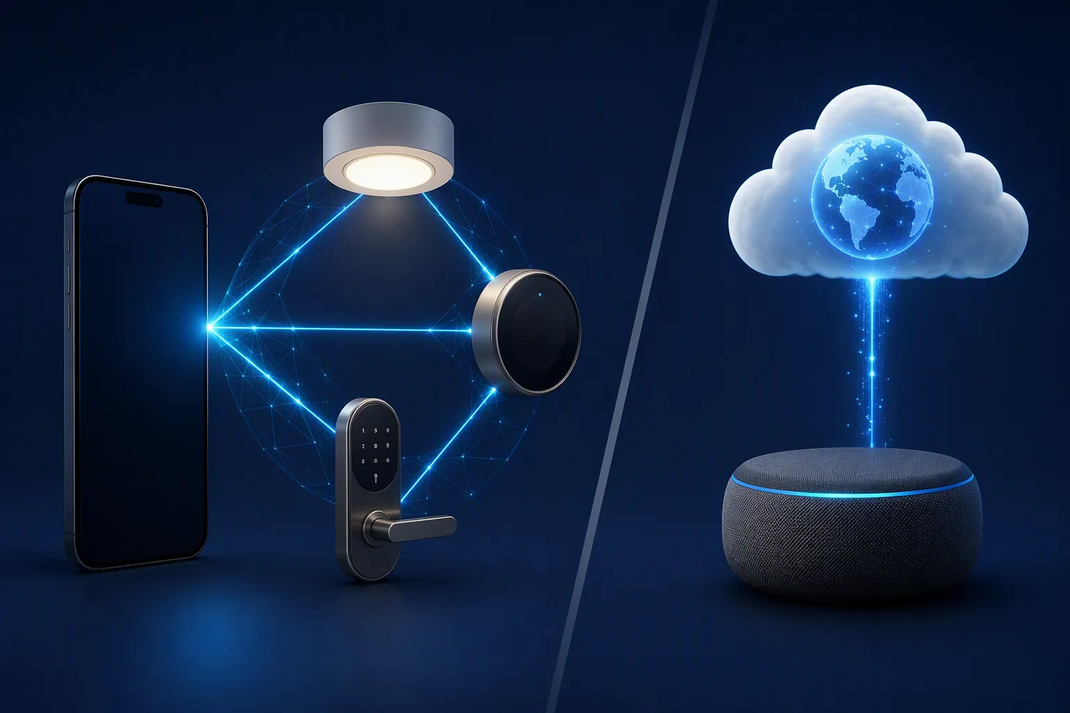 Smartphone sending Thread mesh lines directly to smart-home devices while a separate speaker hub connects to the cloud