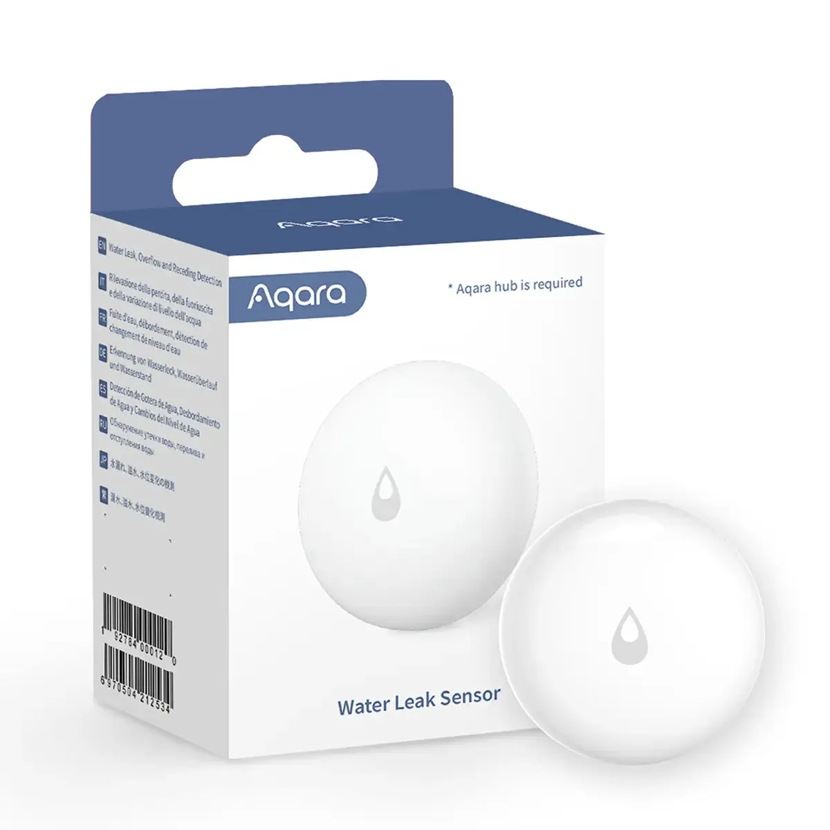 A white Aqara Water Leak Sensor puck on a neutral background