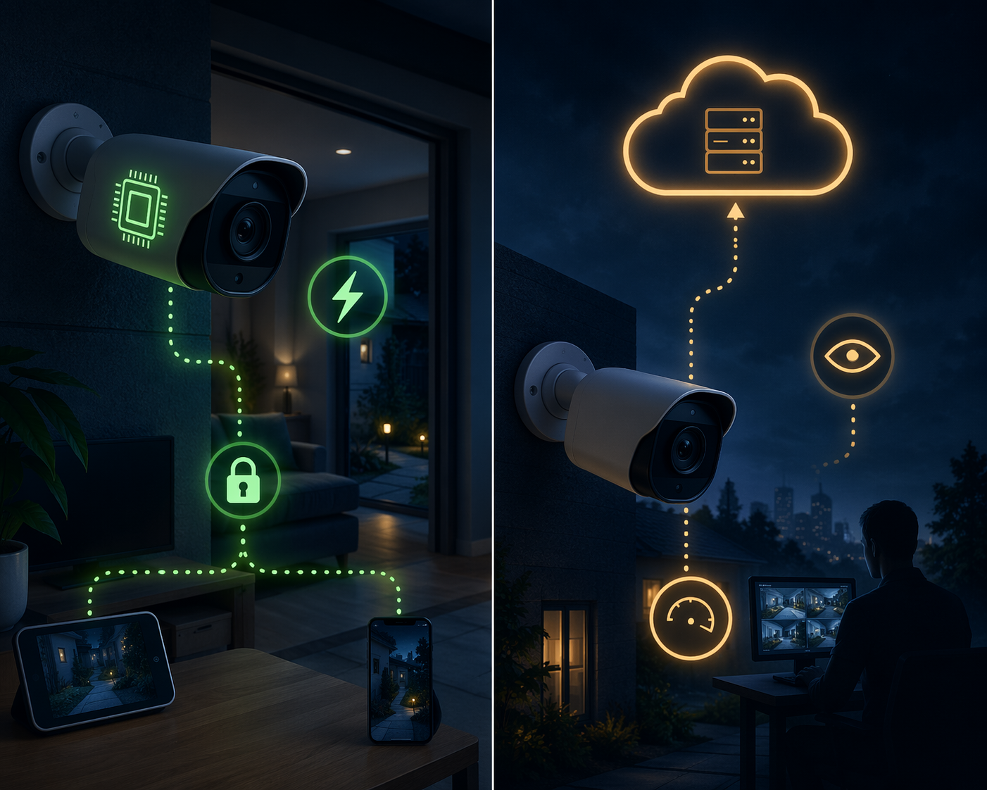 Comparison of local AI processing that keeps data in the home and cloud-dependent processing that sends footage to a cloud service