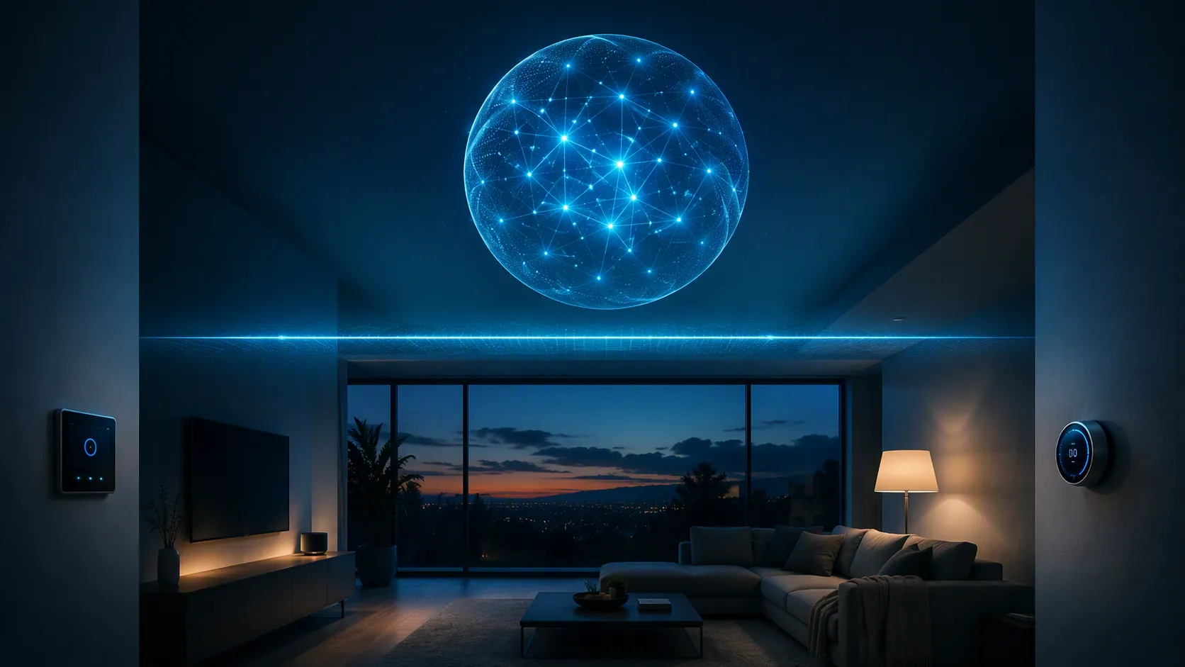 Holographic AI orb separated from smart-home devices by a glowing barrier