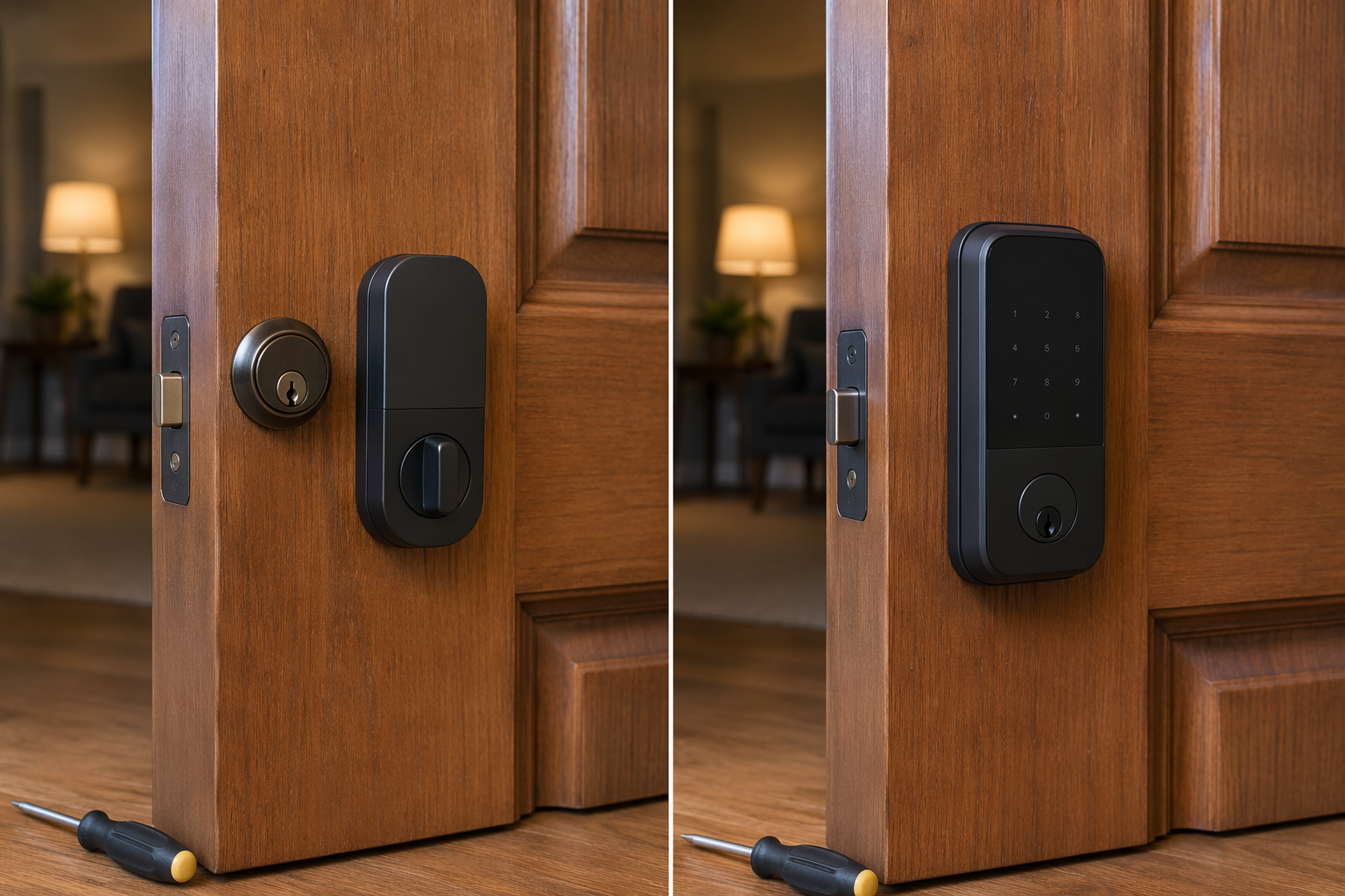 Comparison of retrofit and full smart lock replacement installation on a wooden door