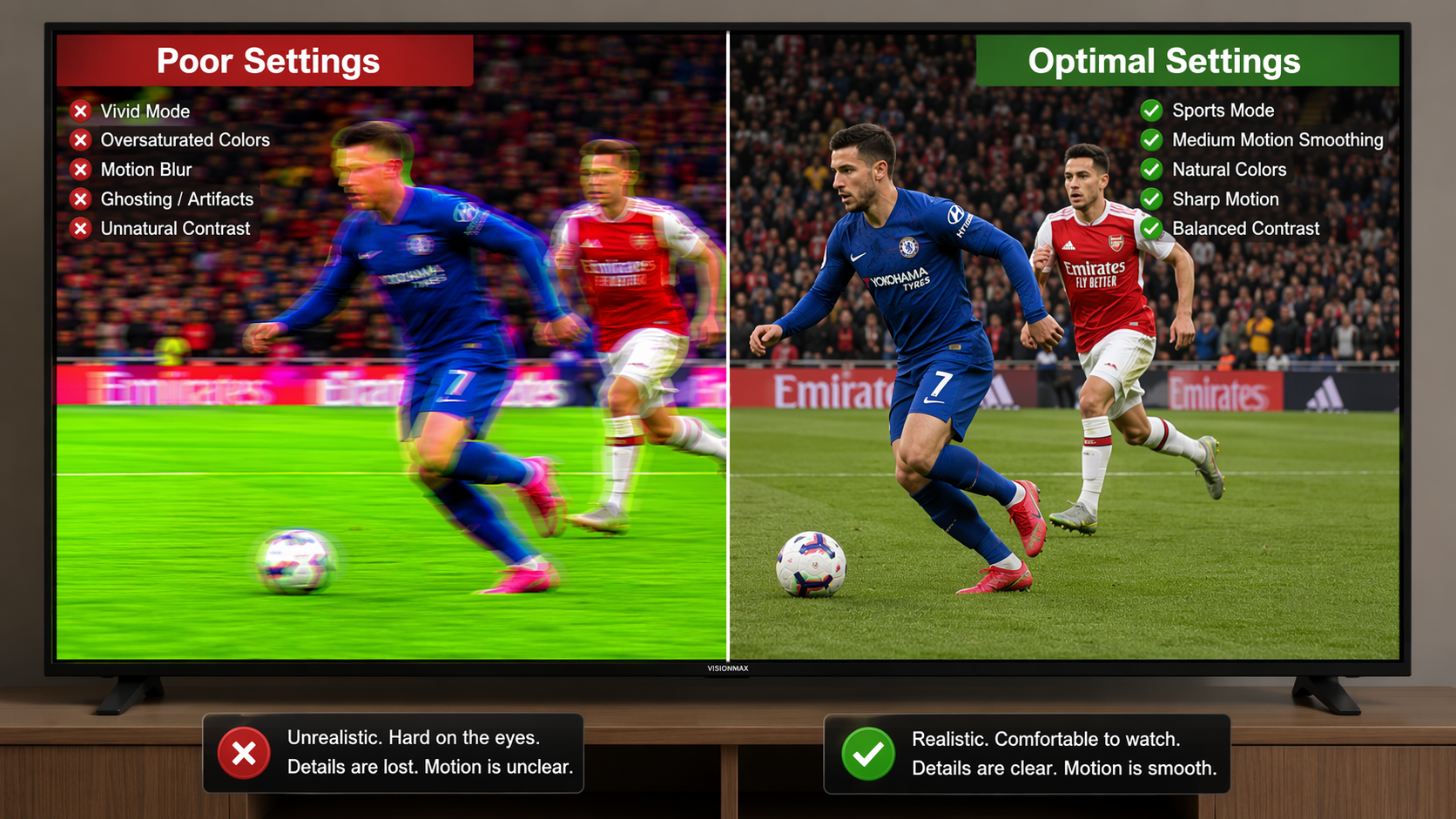 Split-screen comparison of poor and optimized soccer picture settings