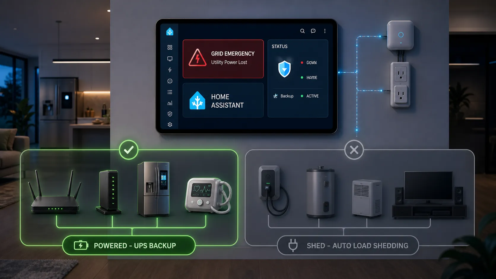 Home Assistant dashboard showing a grid emergency alert with critical devices preserved and non-critical loads shed