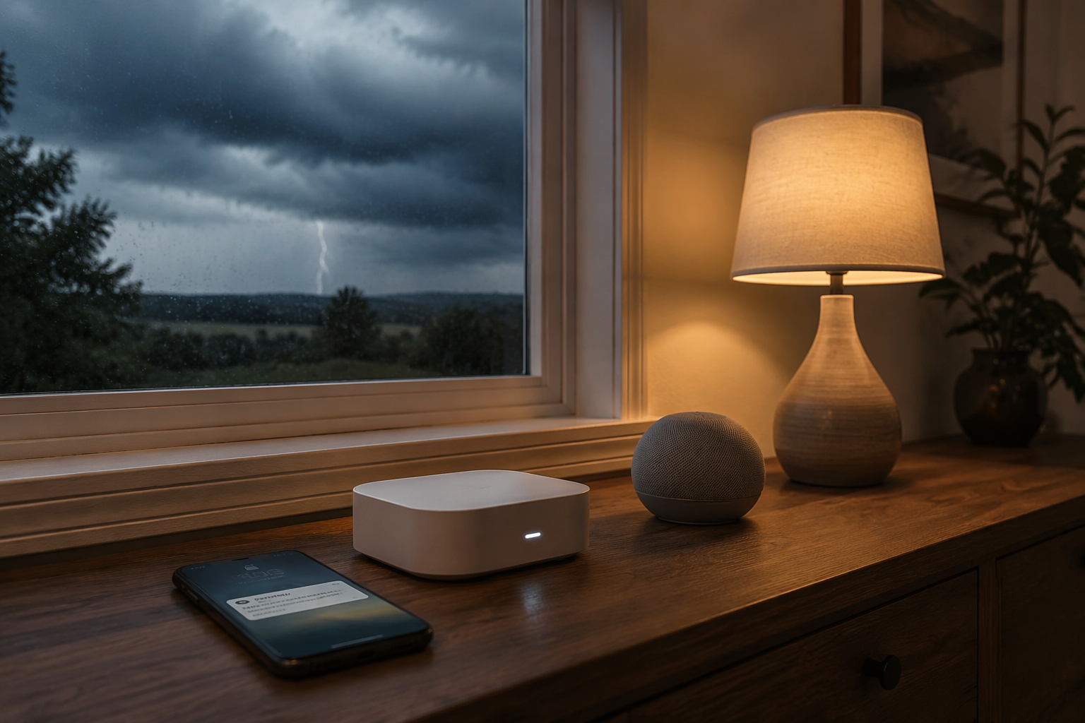 Smart home hub, phone weather alert, speaker, and lamp on a hallway table as storm clouds gather outside