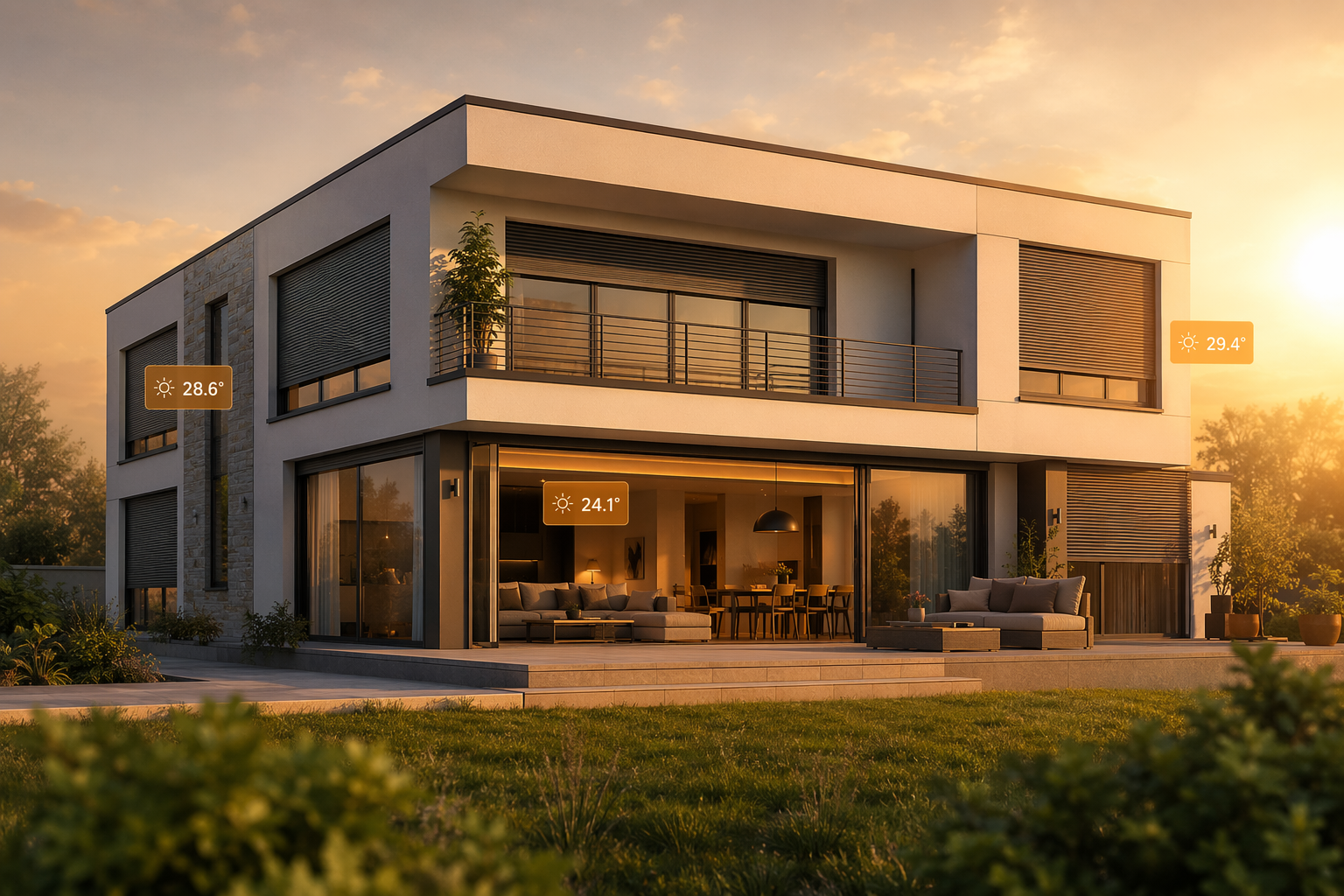 Modern house with motorized shutters partly lowered during a heat wave