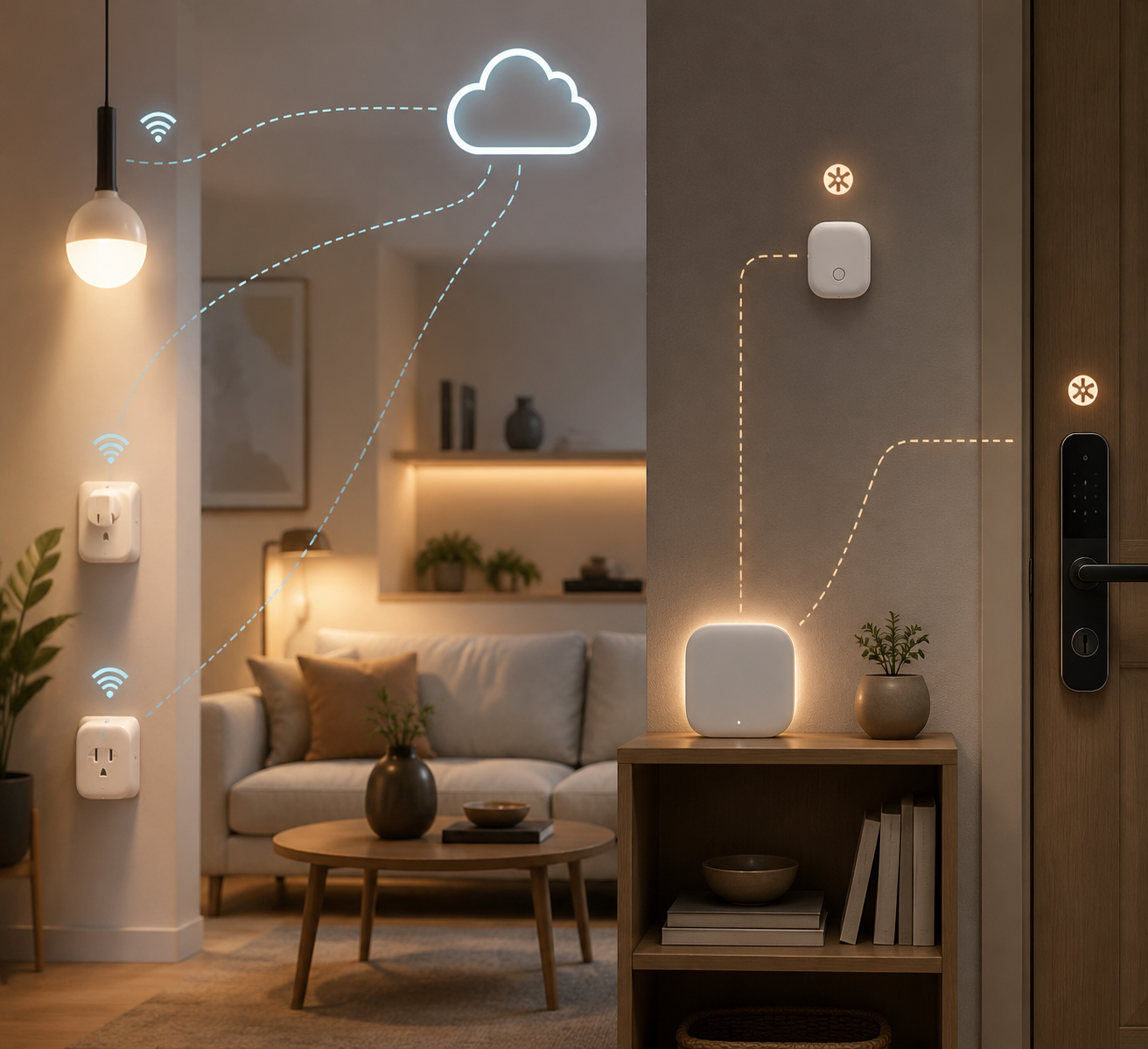 Smart home setup comparing Wi-Fi devices connecting directly and Zigbee or lock devices routing through a central hub