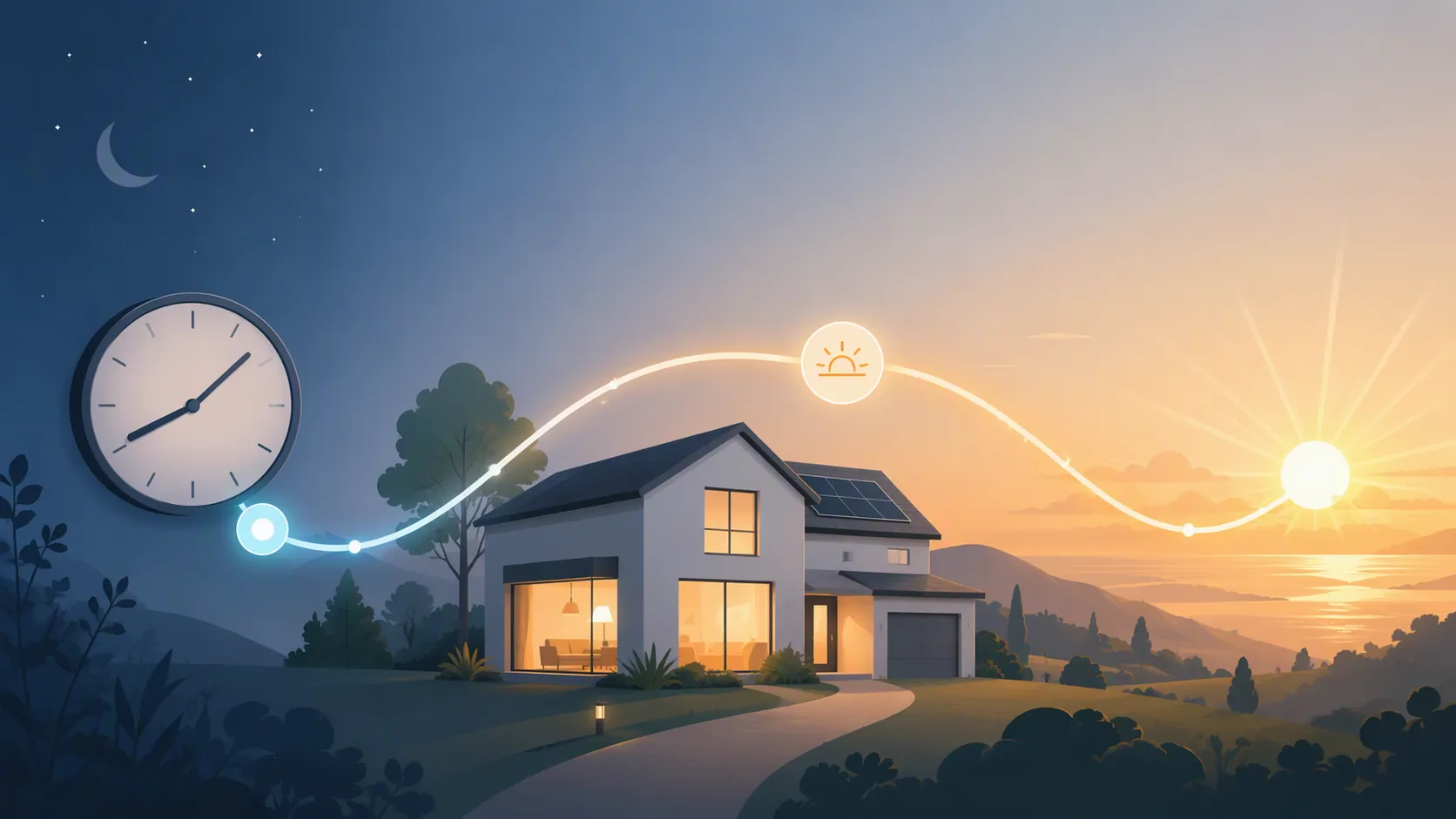 Curved path from a wall clock through a smart home at dawn toward a sunrise horizon