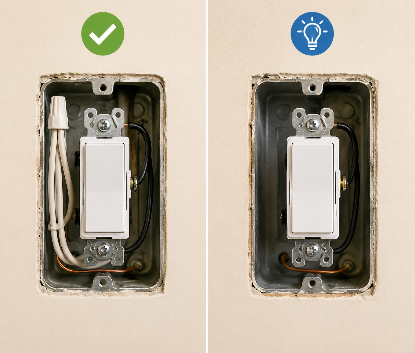 Two open wall switch boxes showing a modern neutral wire bundle in one box and an older no-neutral box in the other
