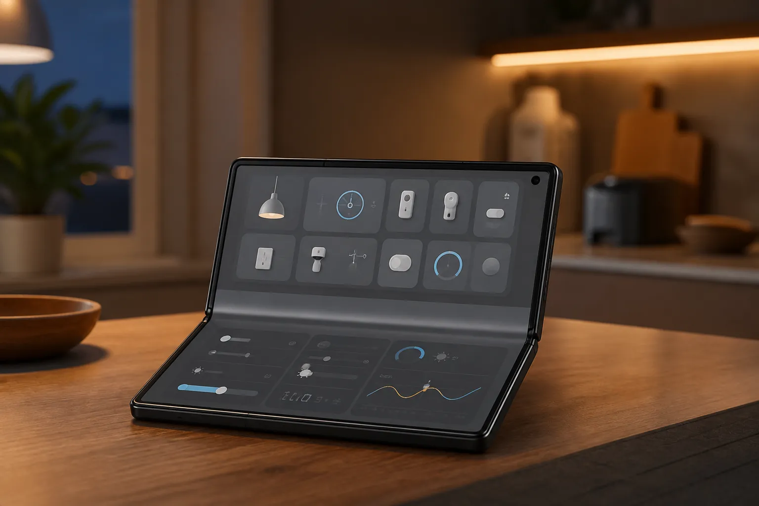 Galaxy Z Fold 8 Ultra propped open in Flex Mode with smart home dashboard and controls